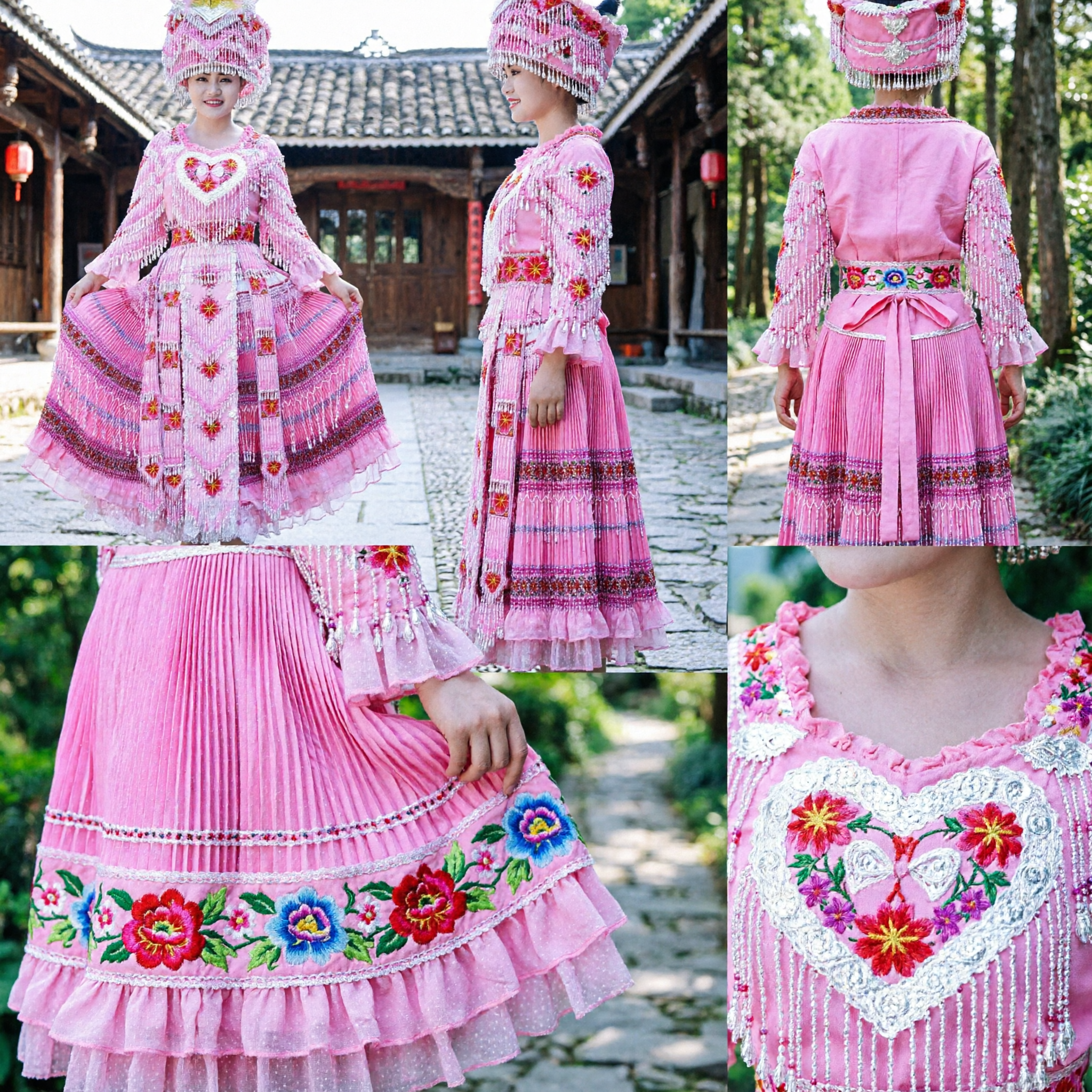 Traditional Chinese Miao Pink Embroidered Dress with Beaded Fringes and Headdress for Women's Folk Dance Performance