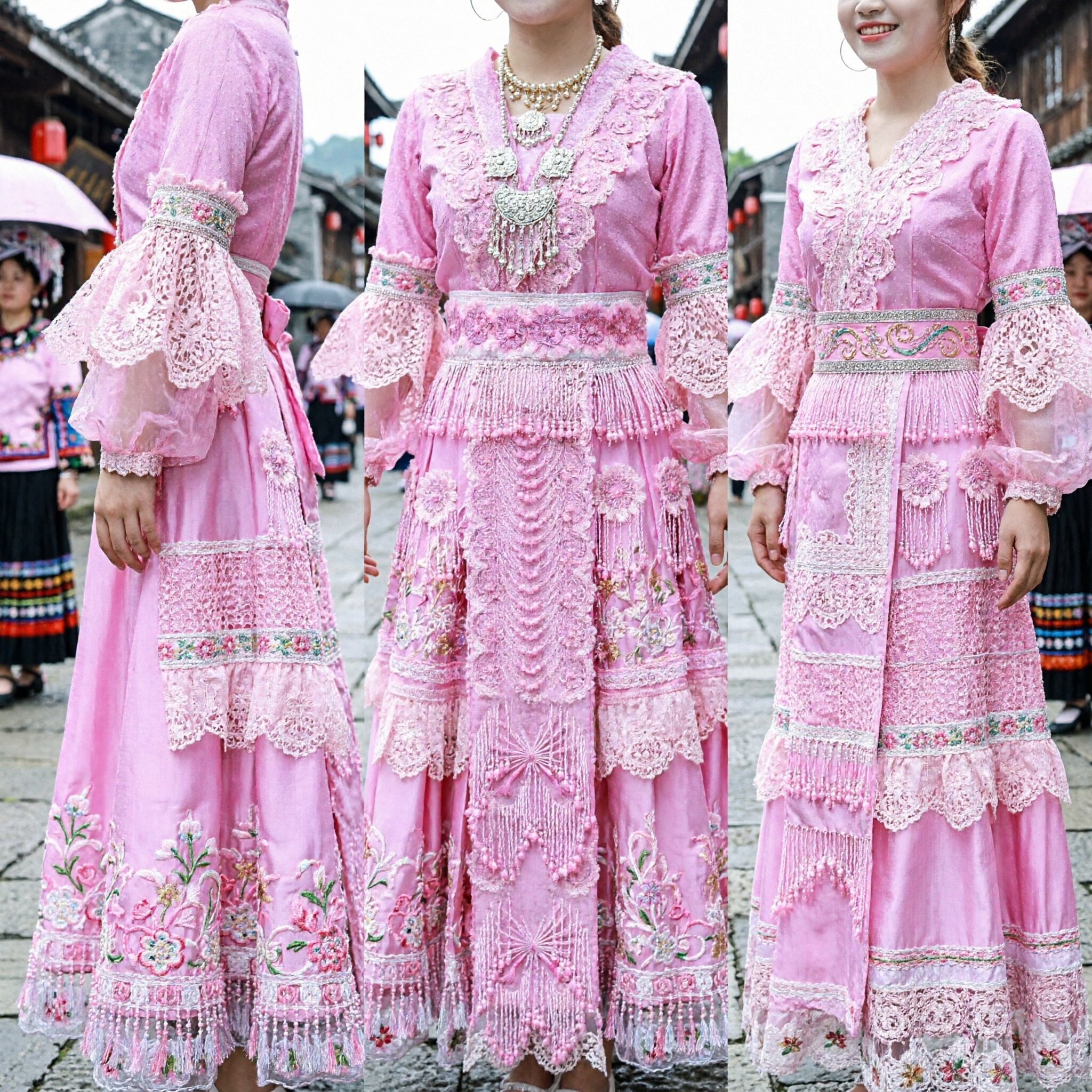 Traditional Chinese Ethnic Minority Pink Dance Costume Women's Embroidered Dress and Headdress Set for Stage Performance