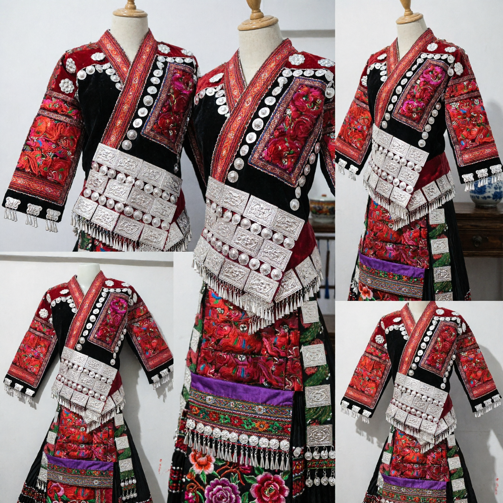 Traditional Chinese Miao Ethnic Embroidered Costume with Silver Ornaments for Women Wedding Dance
