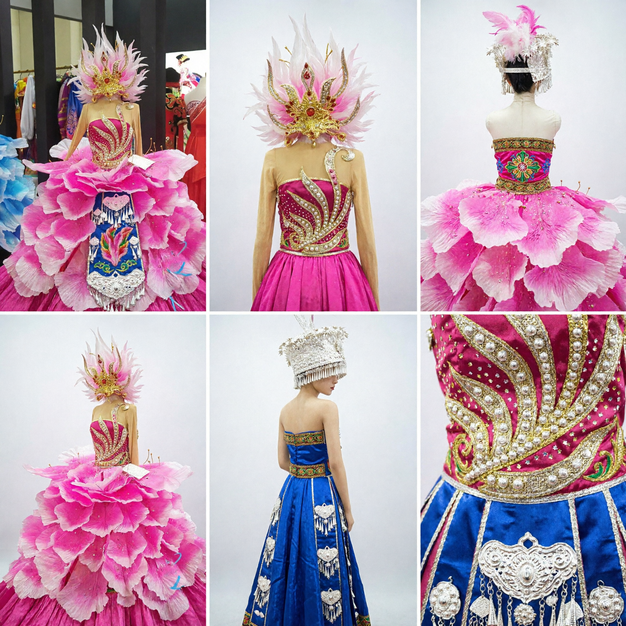 Women's Pink Peony Petal Stage Dance Costume with Gold Feather Headdress for Traditional Performance