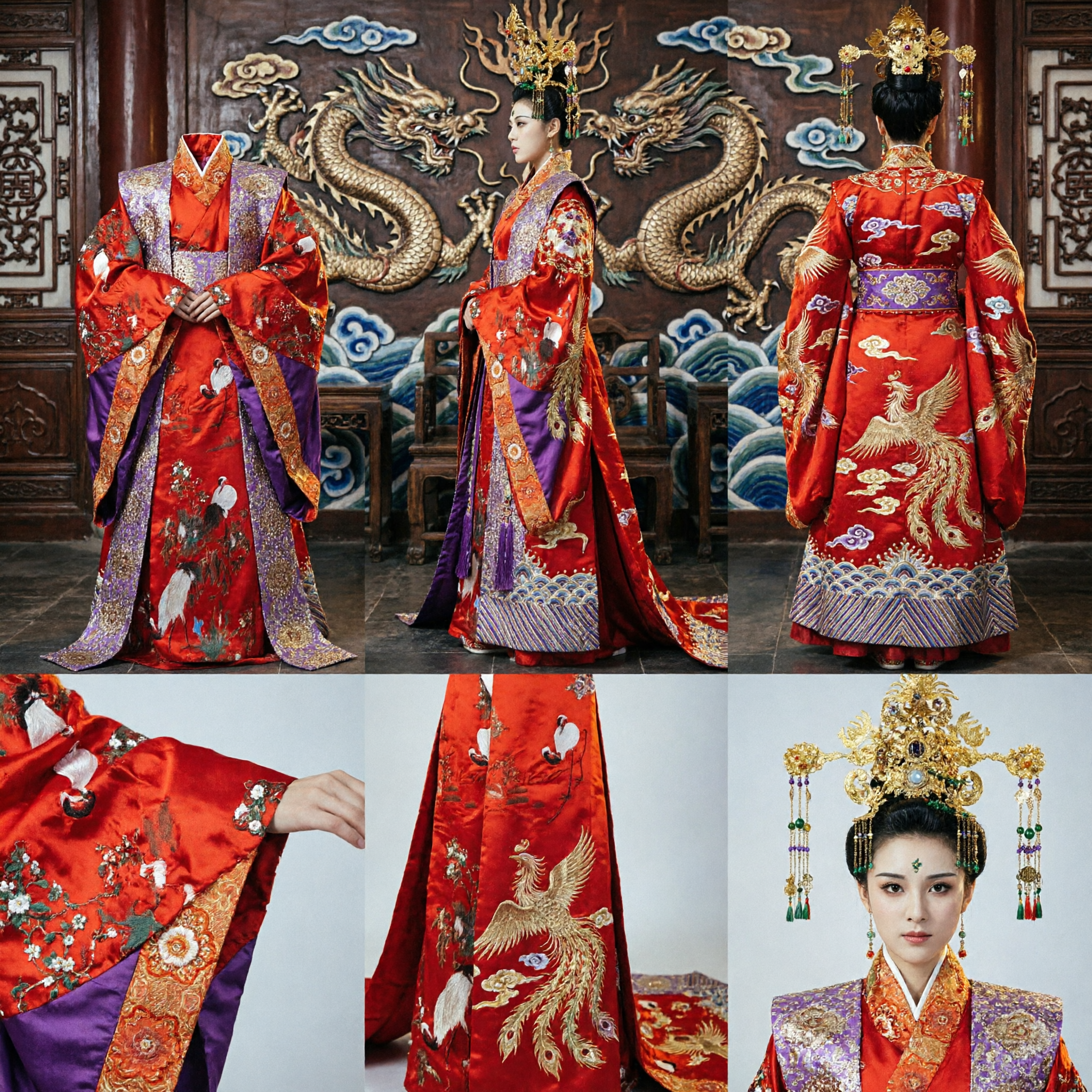 Traditional Chinese Ancient Empress Wedding Dress Red Hanfu Costume with Gold Embroidery and Phoenix Headdress