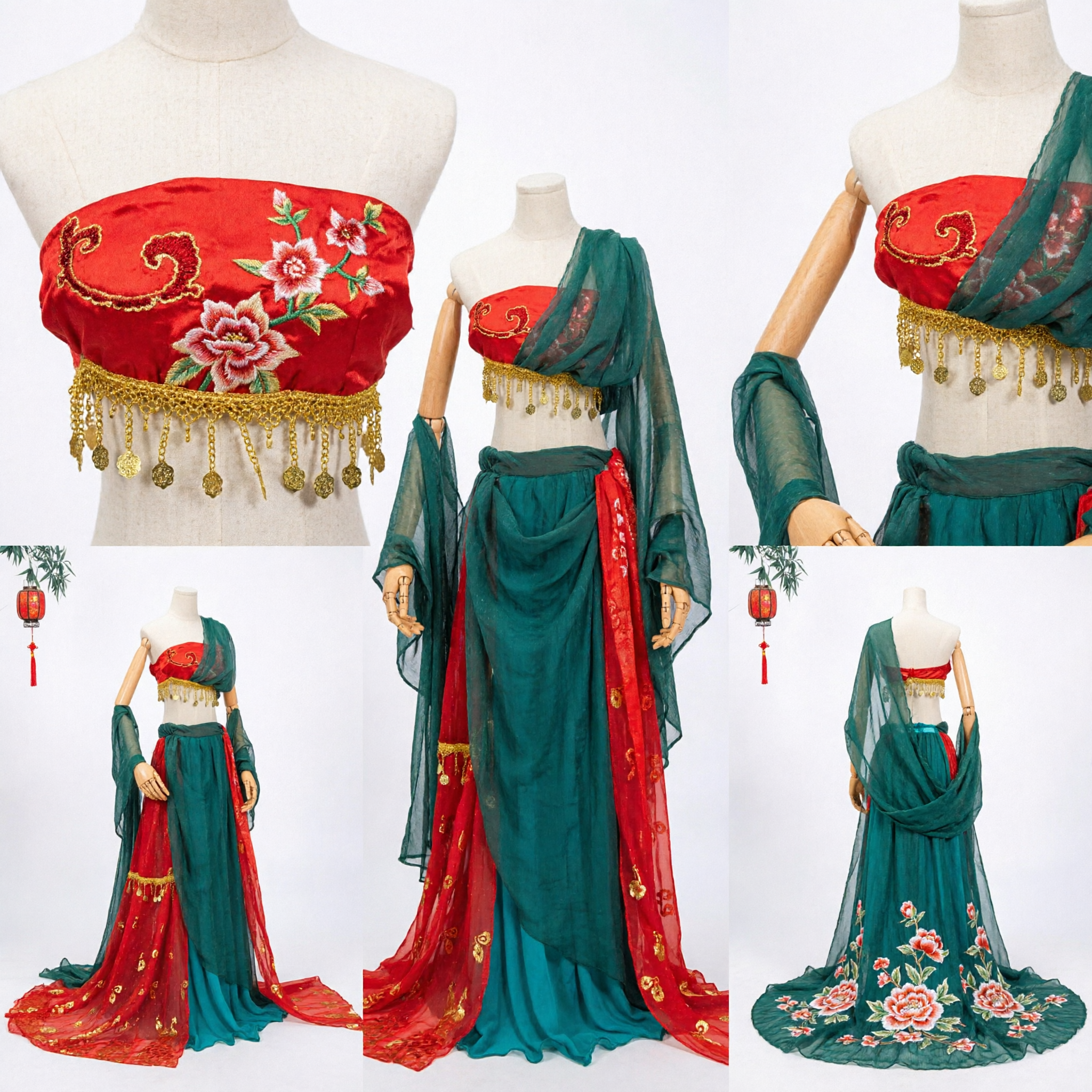 Traditional Chinese Classical Dance Costume Green Red Stage Performance Dress for Women with Long Flowing Sleeves