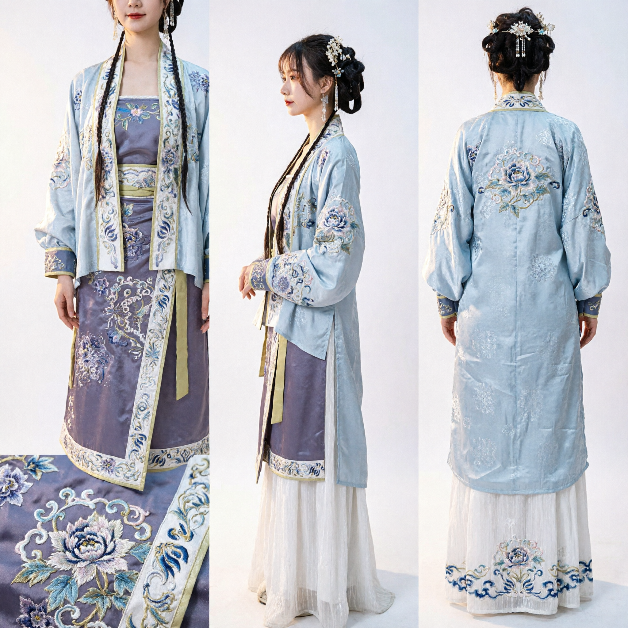 Elegant Traditional Chinese Hanfu Costume for Women Ancient Song Dynasty Embroidered Robe and Skirt Set for Photography