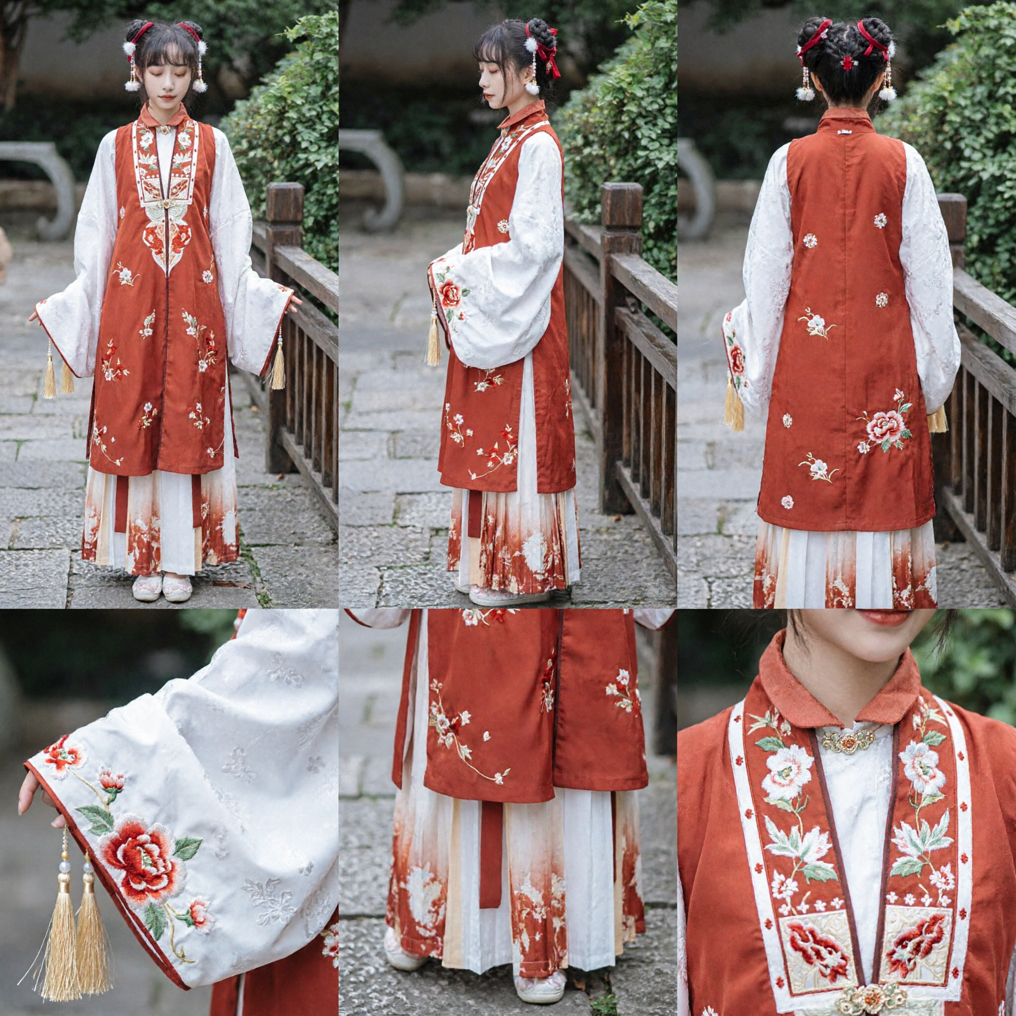 Traditional Chinese Hanfu Ming Dynasty Style Red Embroidered Vest and White Dress for Women