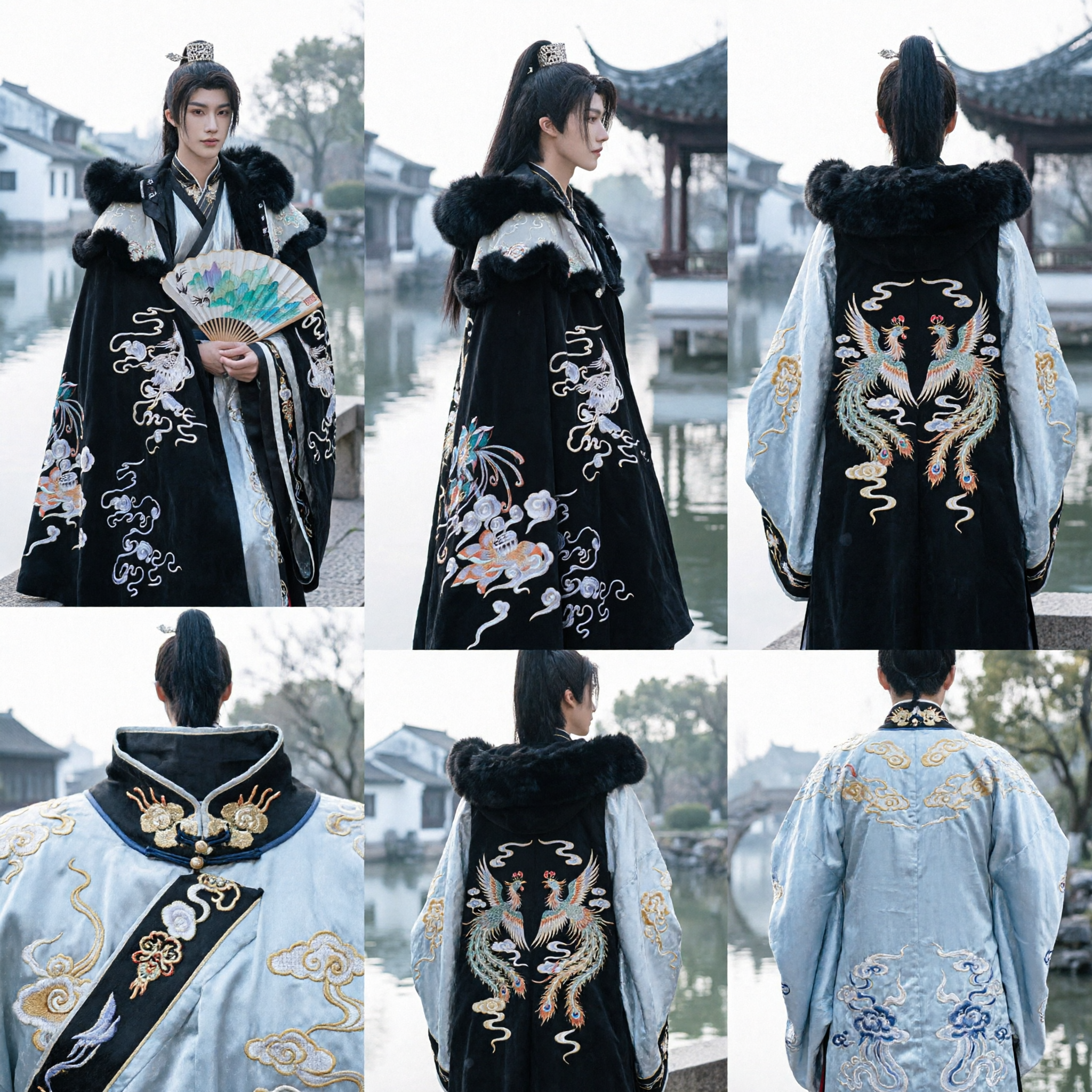 Men's Traditional Chinese Hanfu Black Cloak with Fur Collar and Crane Embroidery Ancient Noble Cosplay Costume
