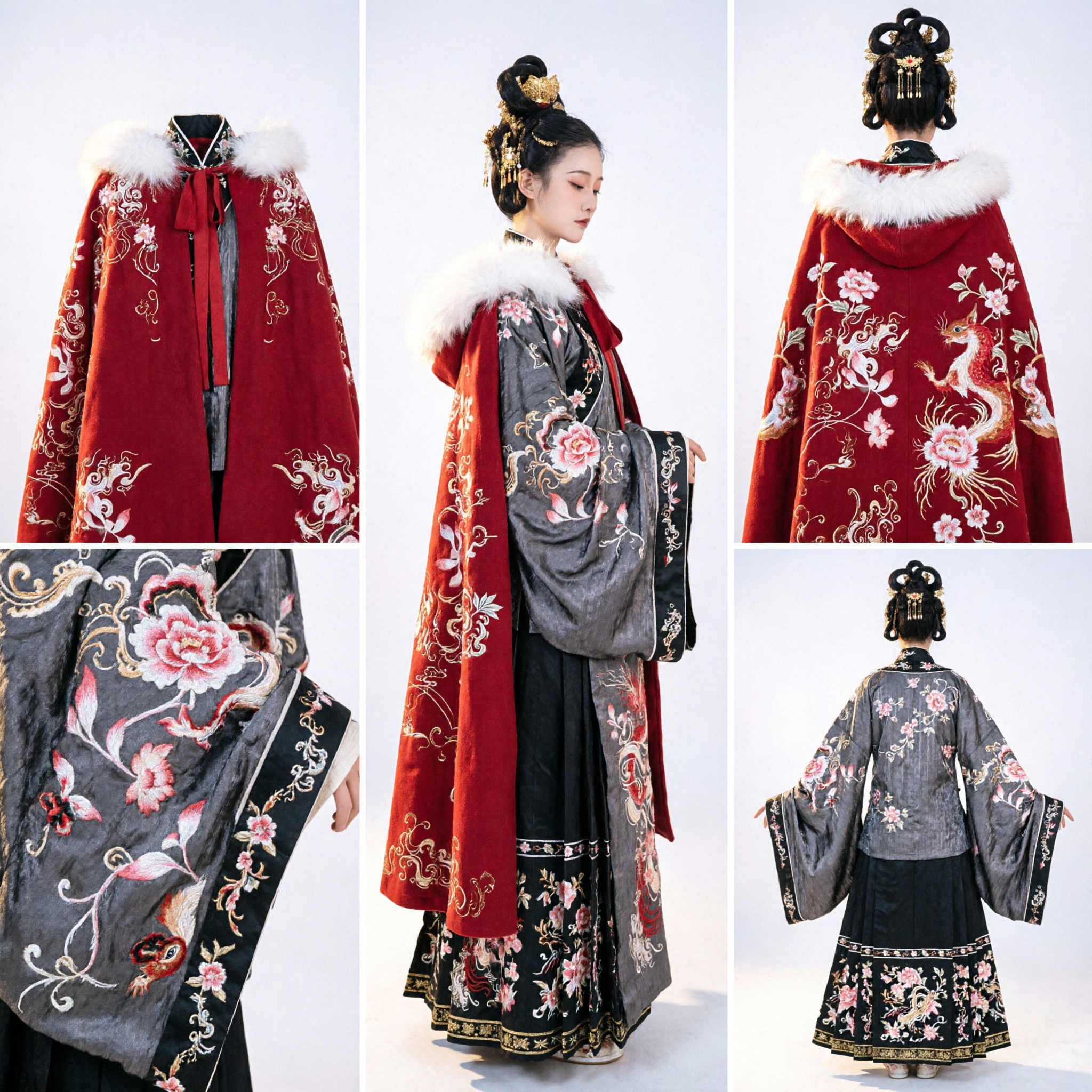 Traditional Chinese Hanfu Red Cloak with White Fur Collar Ancient Noble Lady Winter Costume for Women