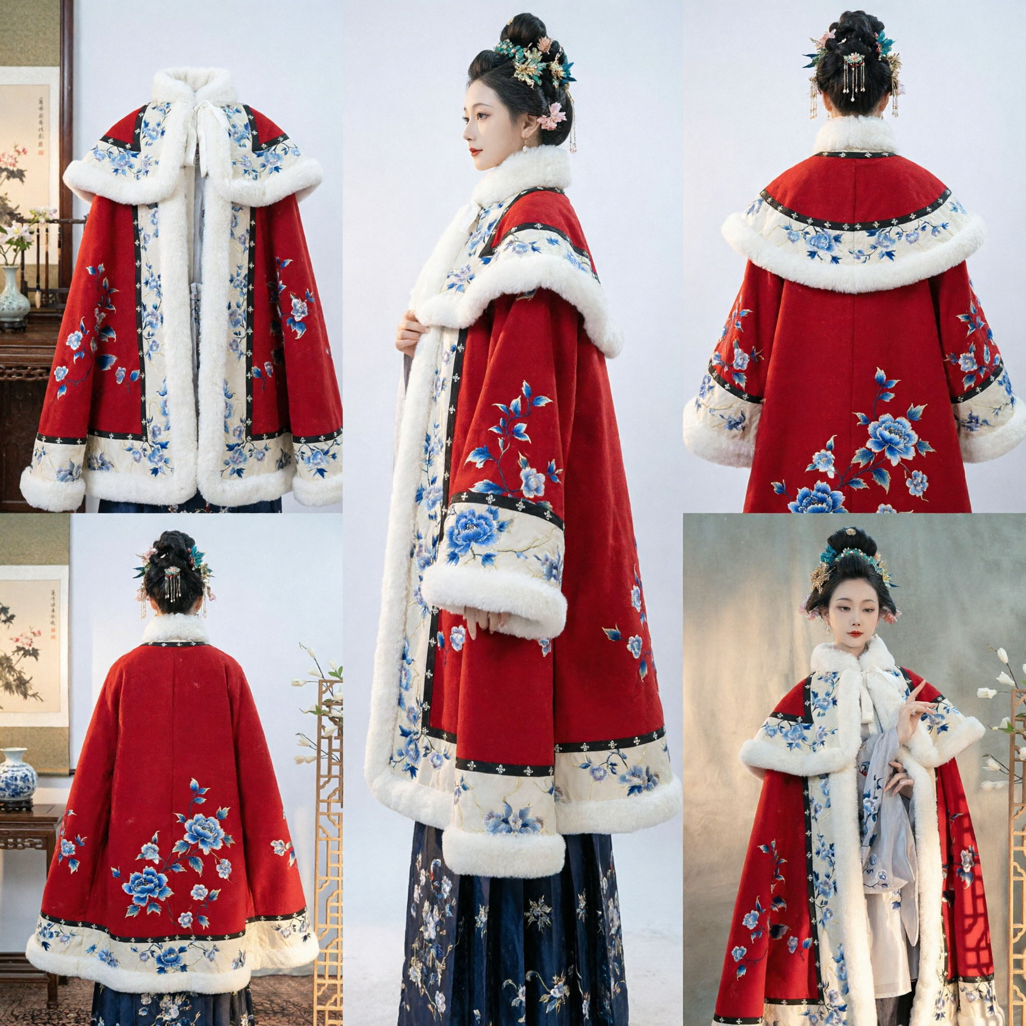 Red Ming Dynasty Hanfu Winter Cloak Doupeng with White Fur Trim and Blue Embroidery for Lunar New Year Women