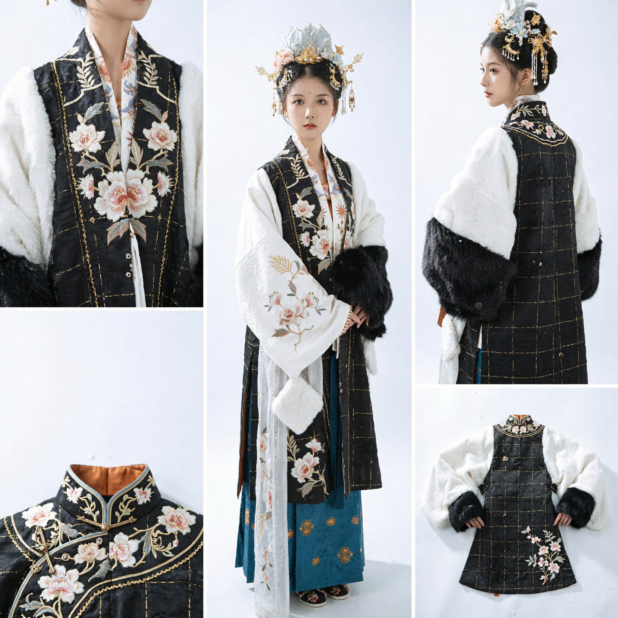 Traditional Chinese Hanfu Ming Dynasty Winter Costume Embroidered Floral Black Vest and White Fur Coat Set for Women