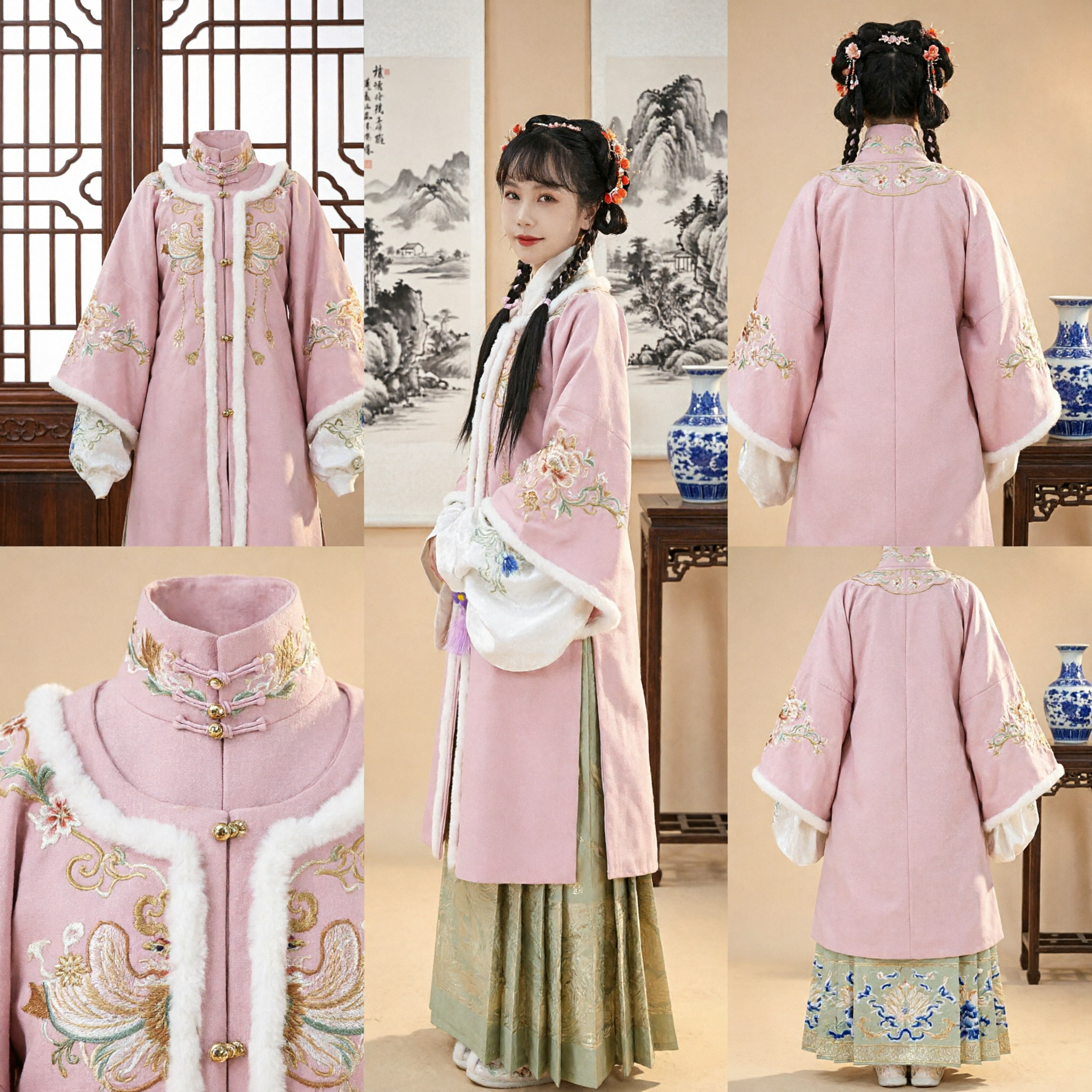 Pink Ming Dynasty Hanfu Winter Outfit Traditional Chinese Ancient Embroidered Fur Trim Costume for Women