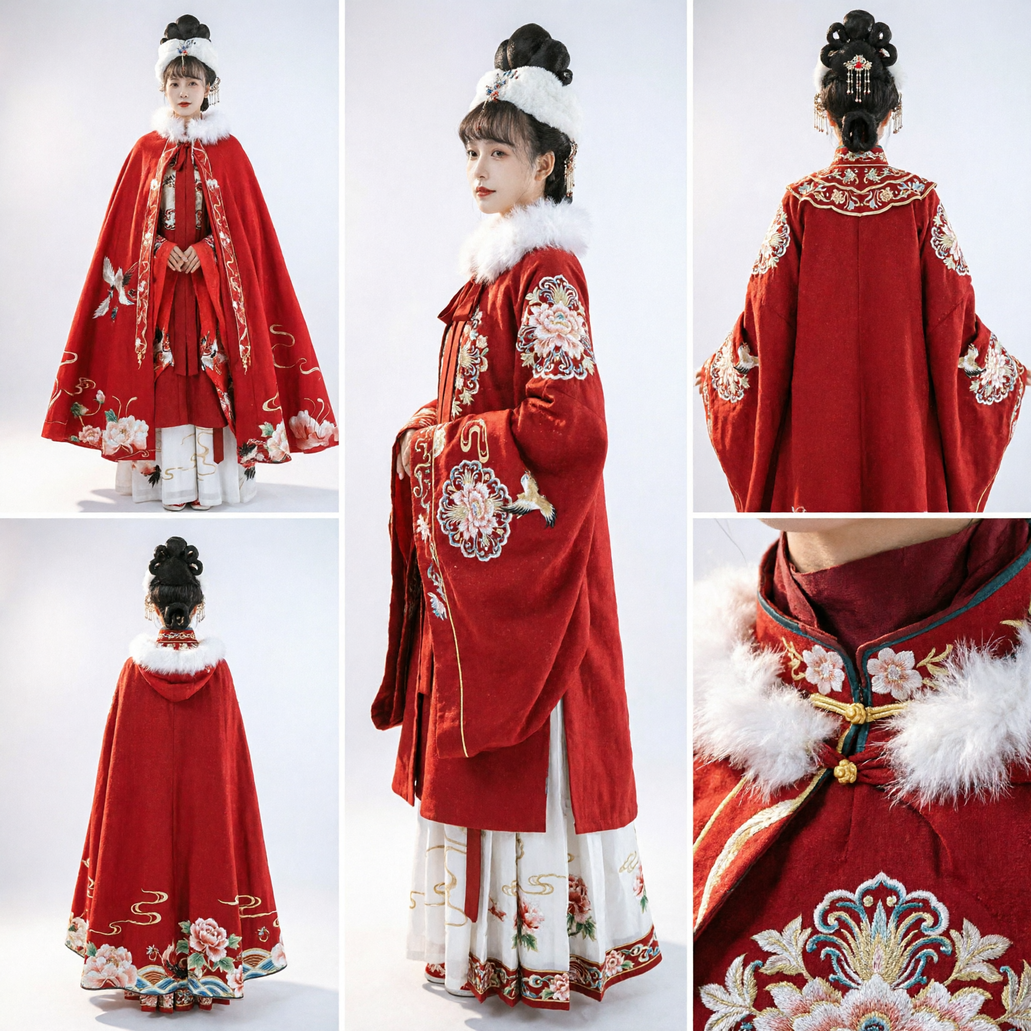 Ancient Chinese Hanfu Red Winter Cloak with White Fur Collar Embroidered Cape Costume for Women