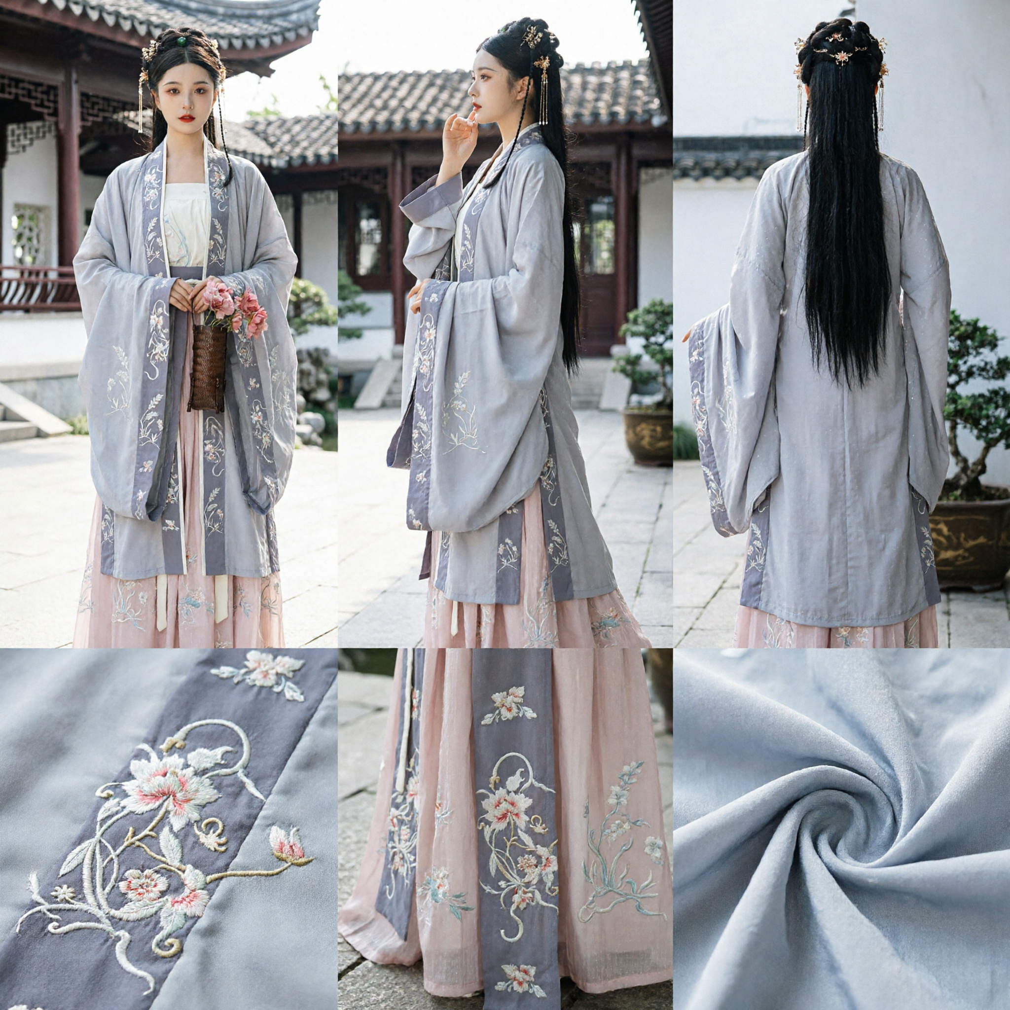 Traditional Chinese Hanfu Costume for Women Ancient Elegant Embroidered Grey Robe and Pink Skirt Set