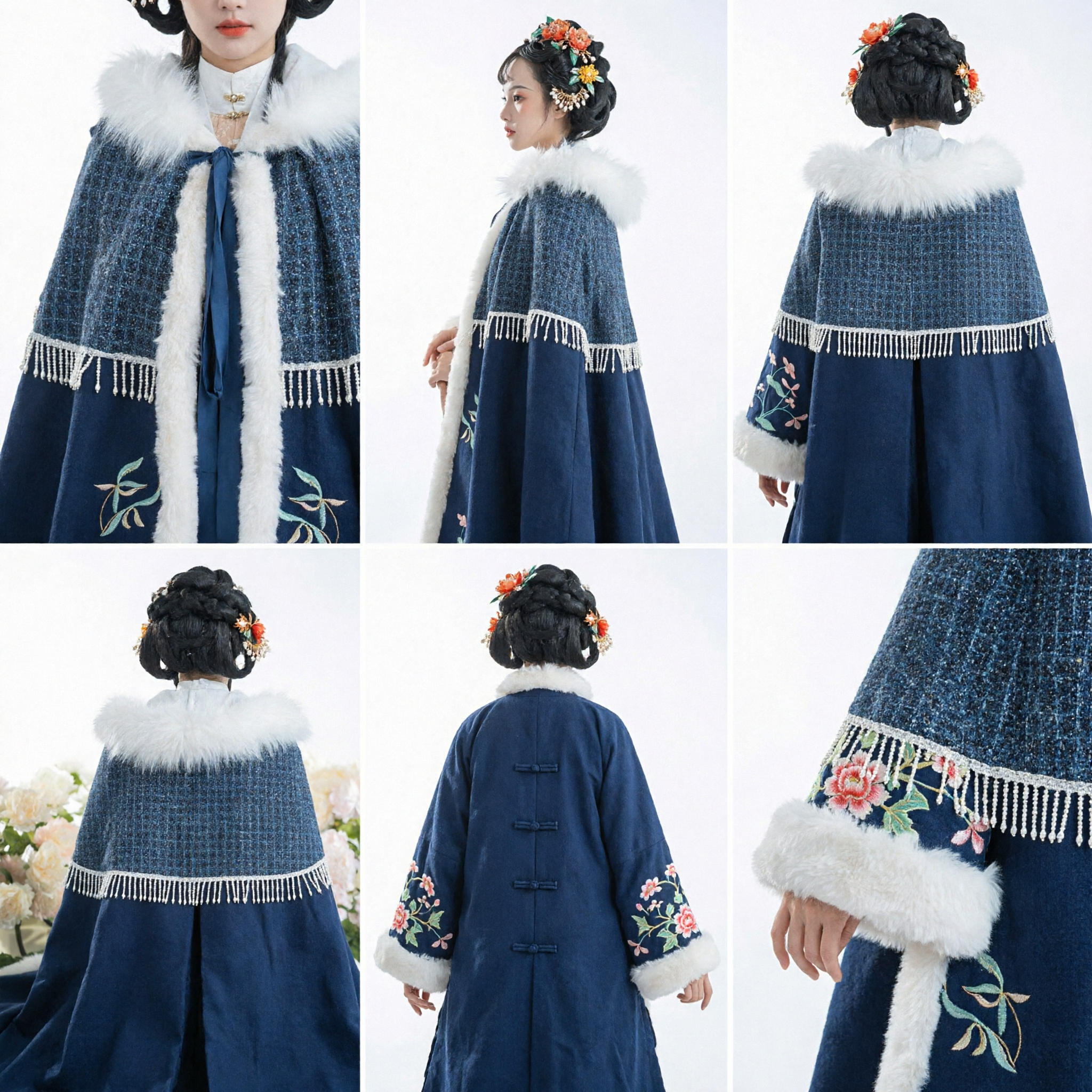Traditional Chinese Hanfu Winter Cloak Dark Blue Fur Trim Cape Embroidered Doupeng for Women Ancient Costume