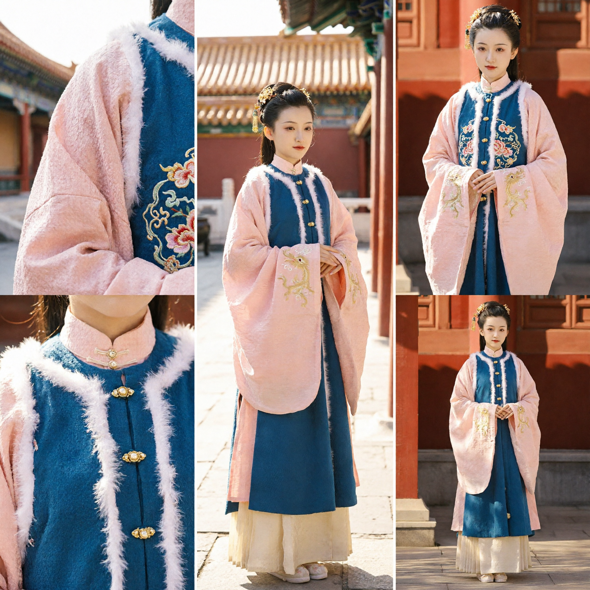 Traditional Chinese Hanfu Ming Dynasty Pink Sheer Robe and Blue Fur Trim Costume Set for Women