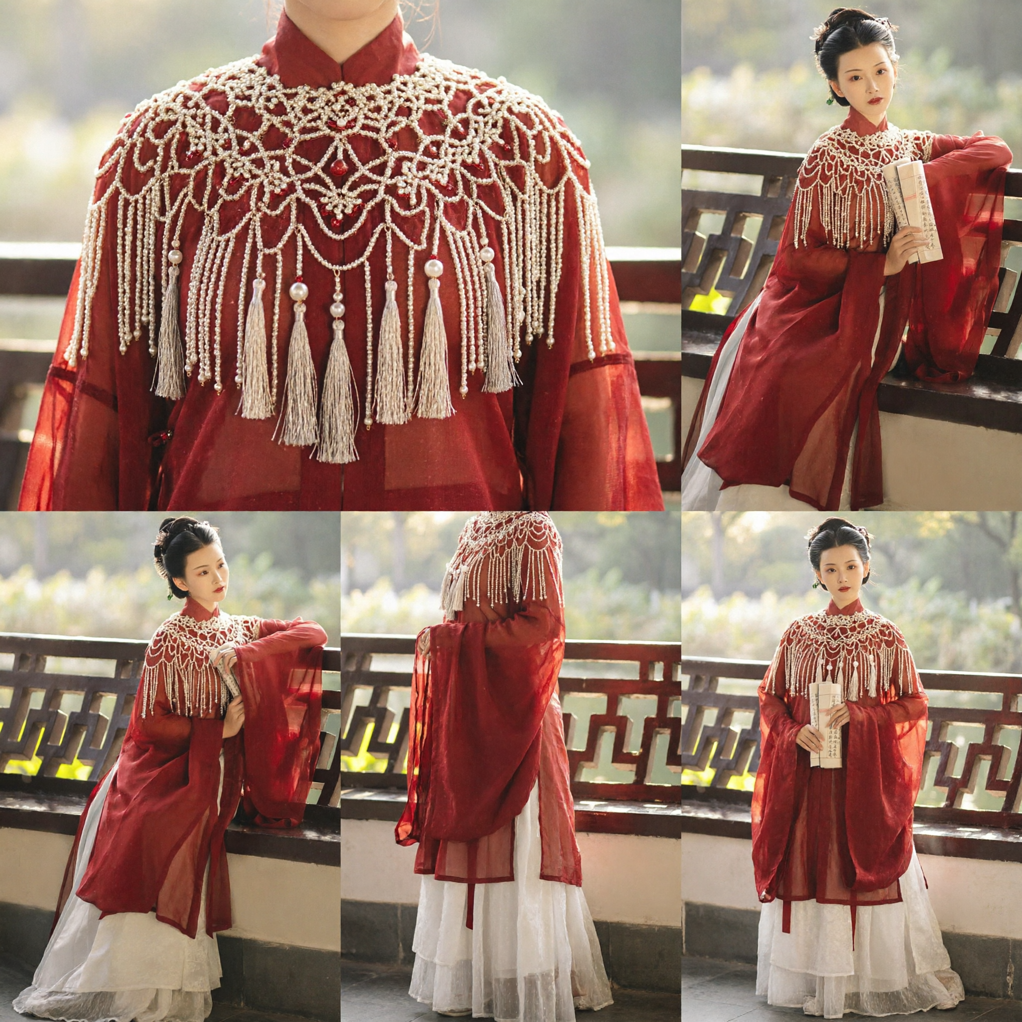 Traditional Chinese Hanfu Red Robe with Pearl Beaded Cloud Shoulder Ancient Costume for Women