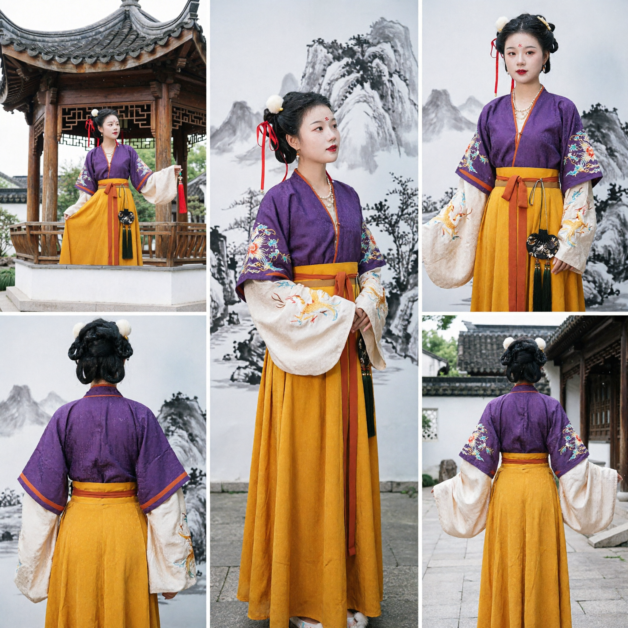 Traditional Chinese Hanfu Costume Women Ancient Tang Dynasty Purple Cross-Collar Top and Yellow High-Waist Skirt Set