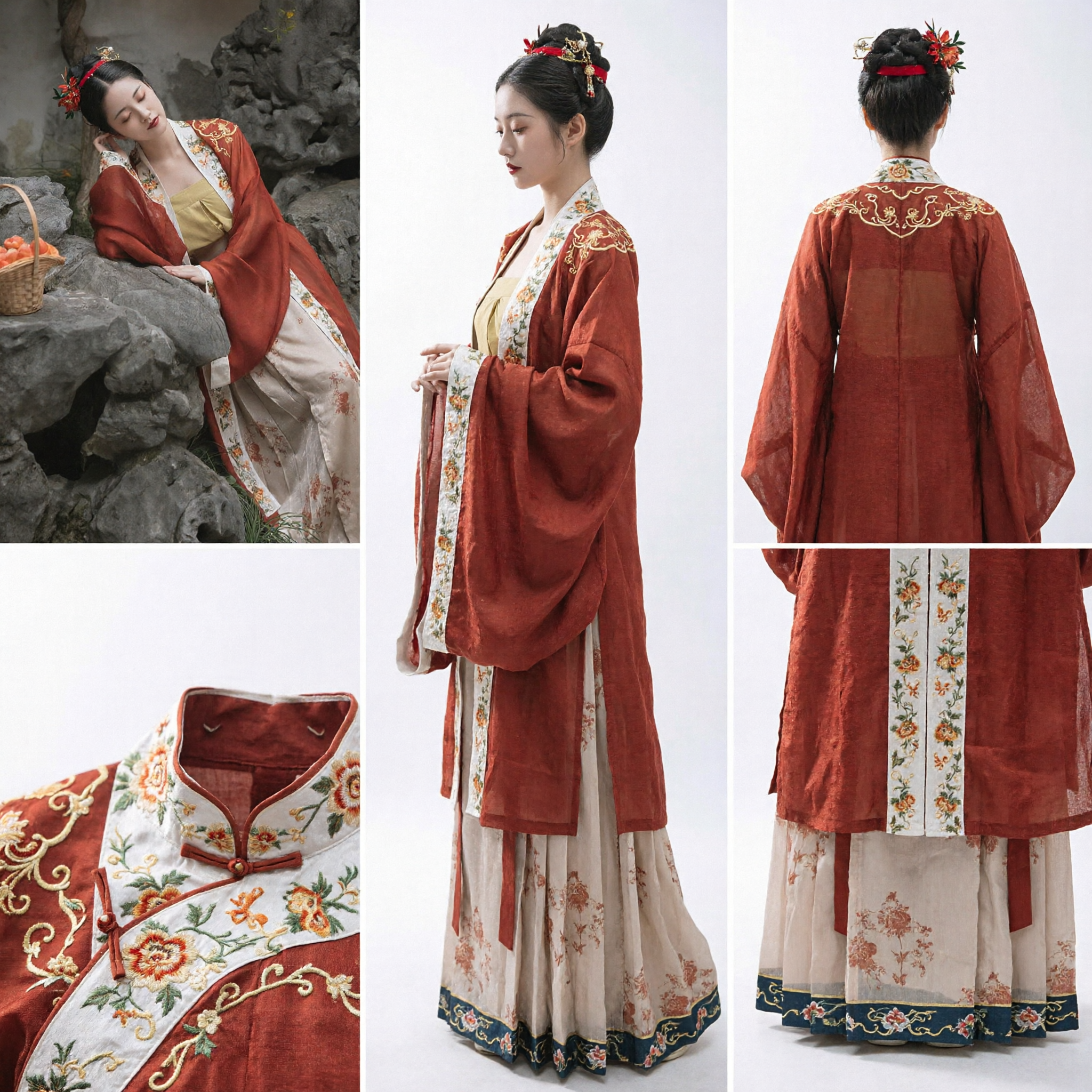 Elegant Chinese Hanfu Costume Women Ancient Red Floral Robe Traditional Dress Set for Photography and Events