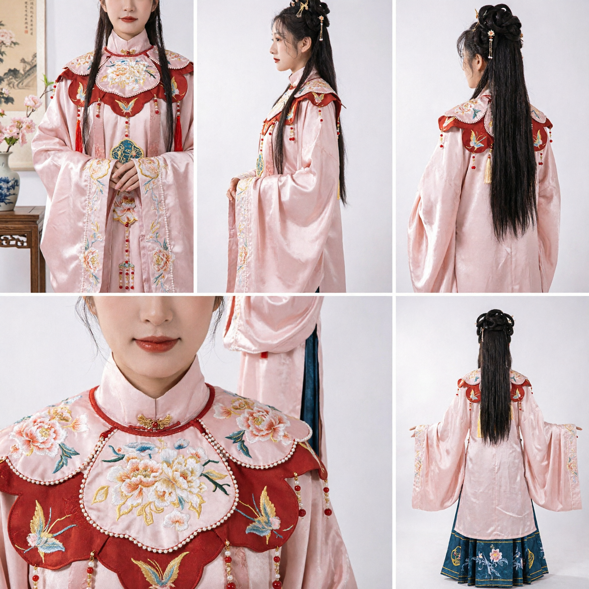 Traditional Chinese Hanfu Ming Dynasty Pink Embroidered Top with Red Cloud Collar and Blue Pleated Skirt Set