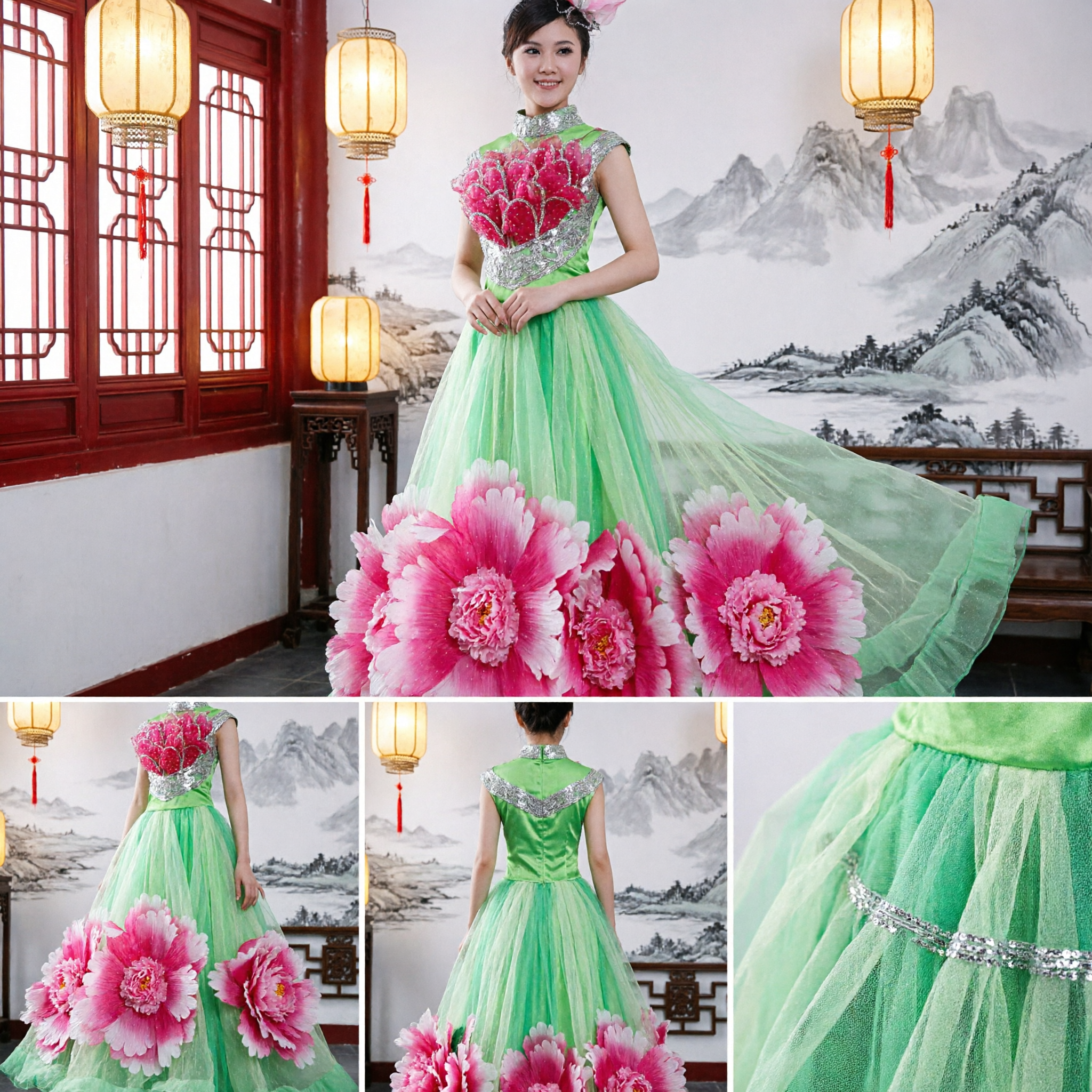 Bright Green Chinese Peony Flower Dance Costume Women's Folk Dance Performance Stage Gown
