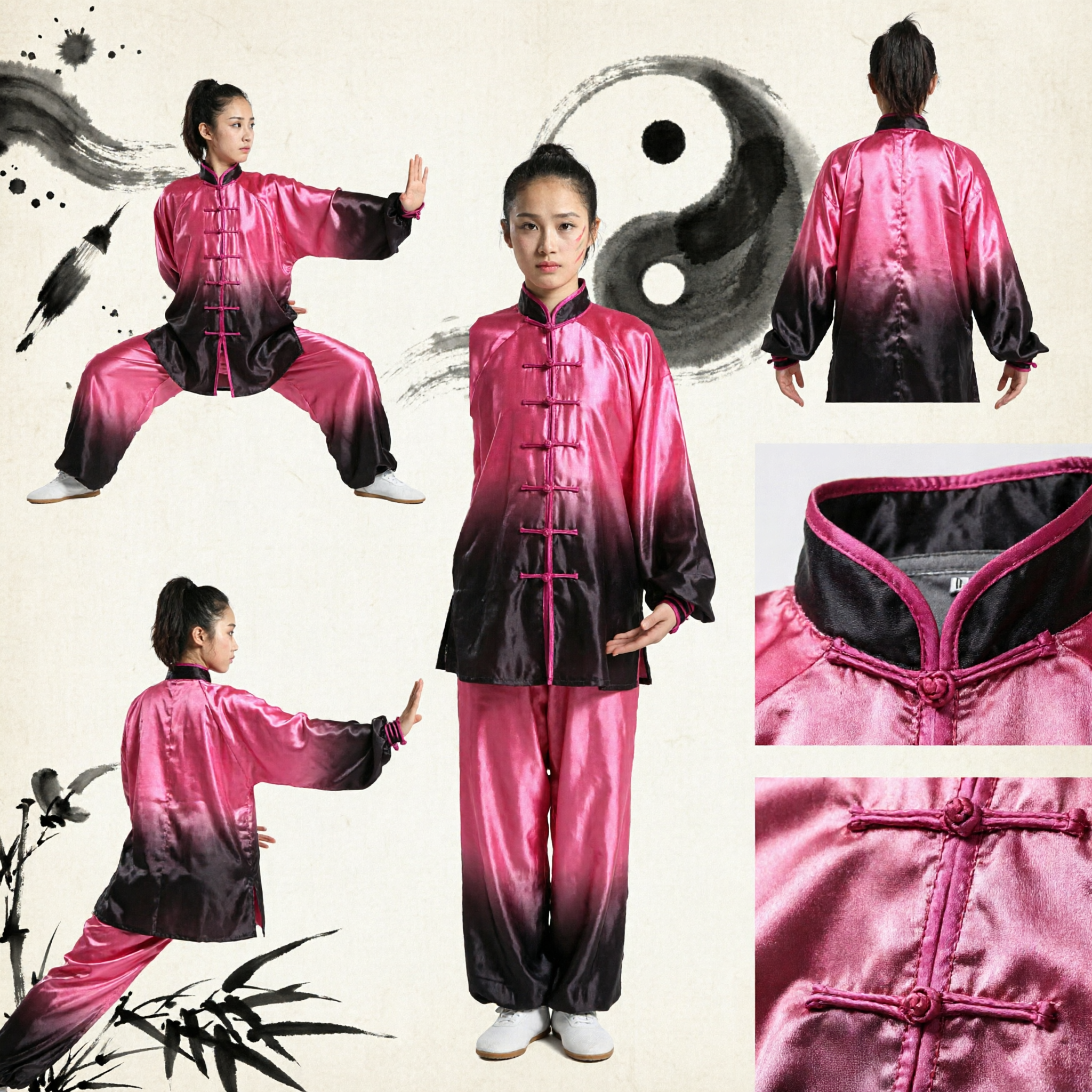 Women's Pink Gradient Silk Tai Chi Uniform Traditional Kung Fu Wushu Martial Arts Clothing Set