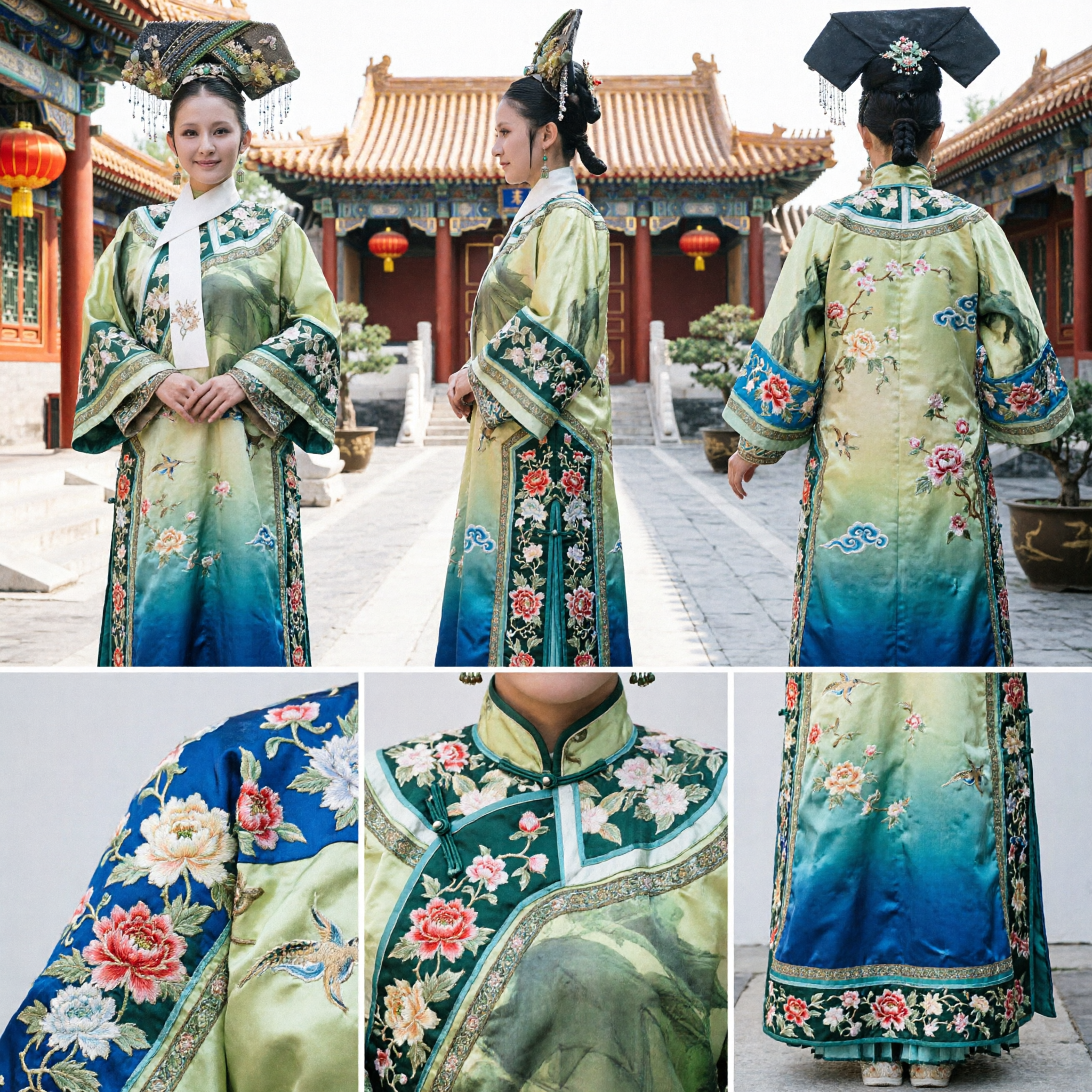 Traditional Qing Dynasty Manchu Princess Costume Green Embroidered Robe and Headpiece Set for Ancient Chinese Palace Cosplay