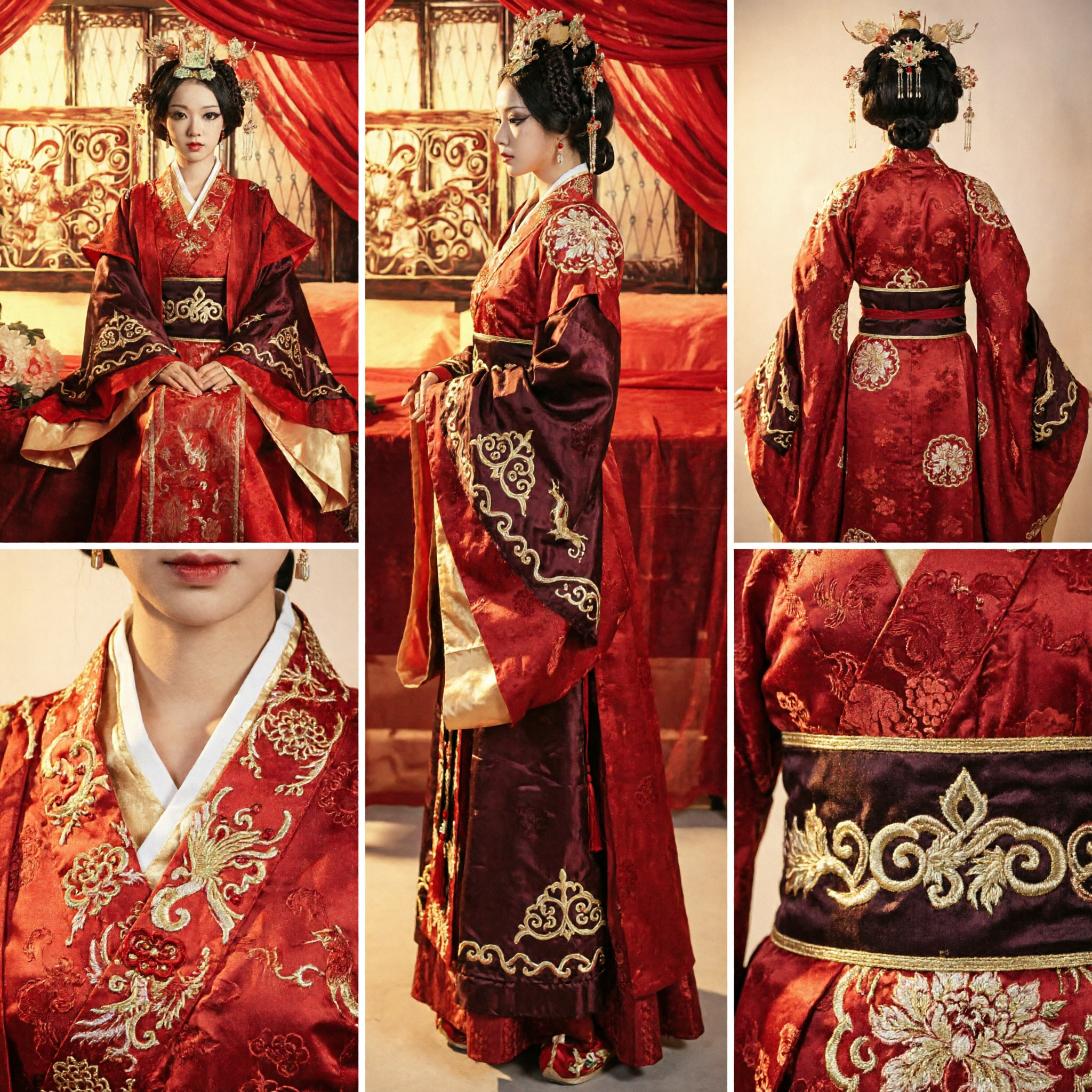 Women's Traditional Chinese Red Hanfu Wedding Dress Ancient Palace Costume with Gold Embroidery and Wide Sleeves