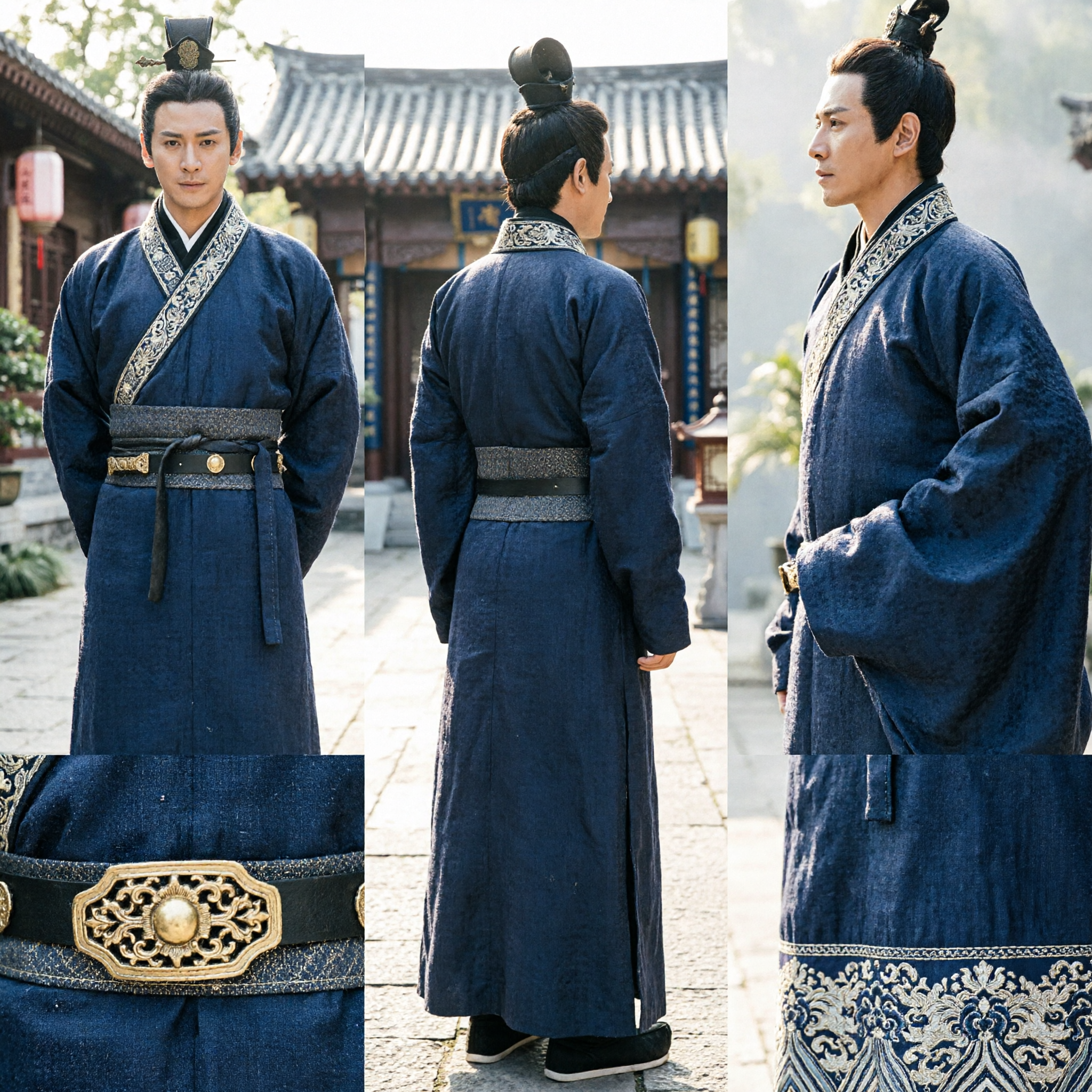 Traditional Ancient Chinese Hanfu Costume for Men Blue Cross Collar Robe Historical Drama Cosplay Outfit