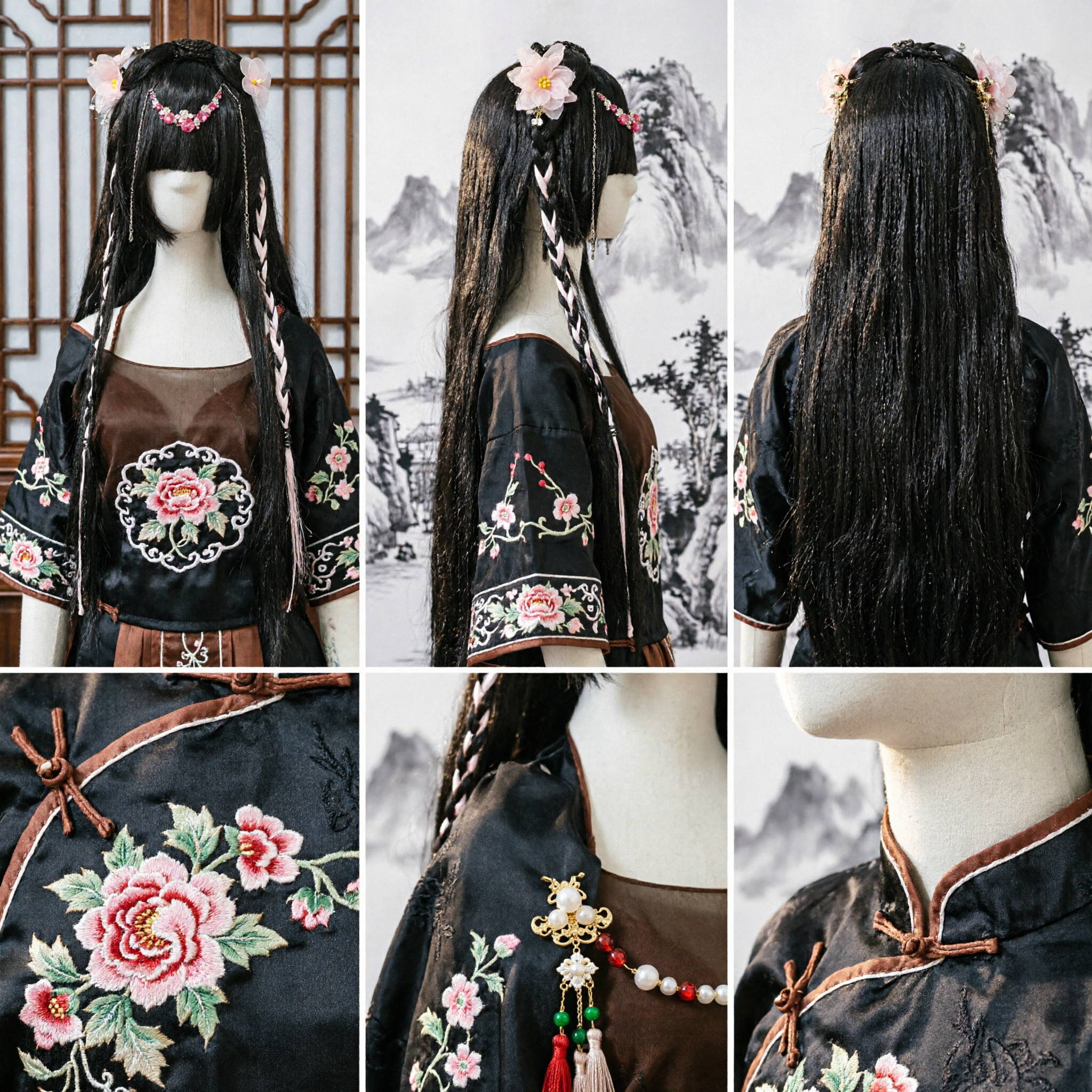 Traditional Chinese Hanfu Wig Black Hair Braided with White Ribbon and Floral Jewelry Headpiece for Cosplay
