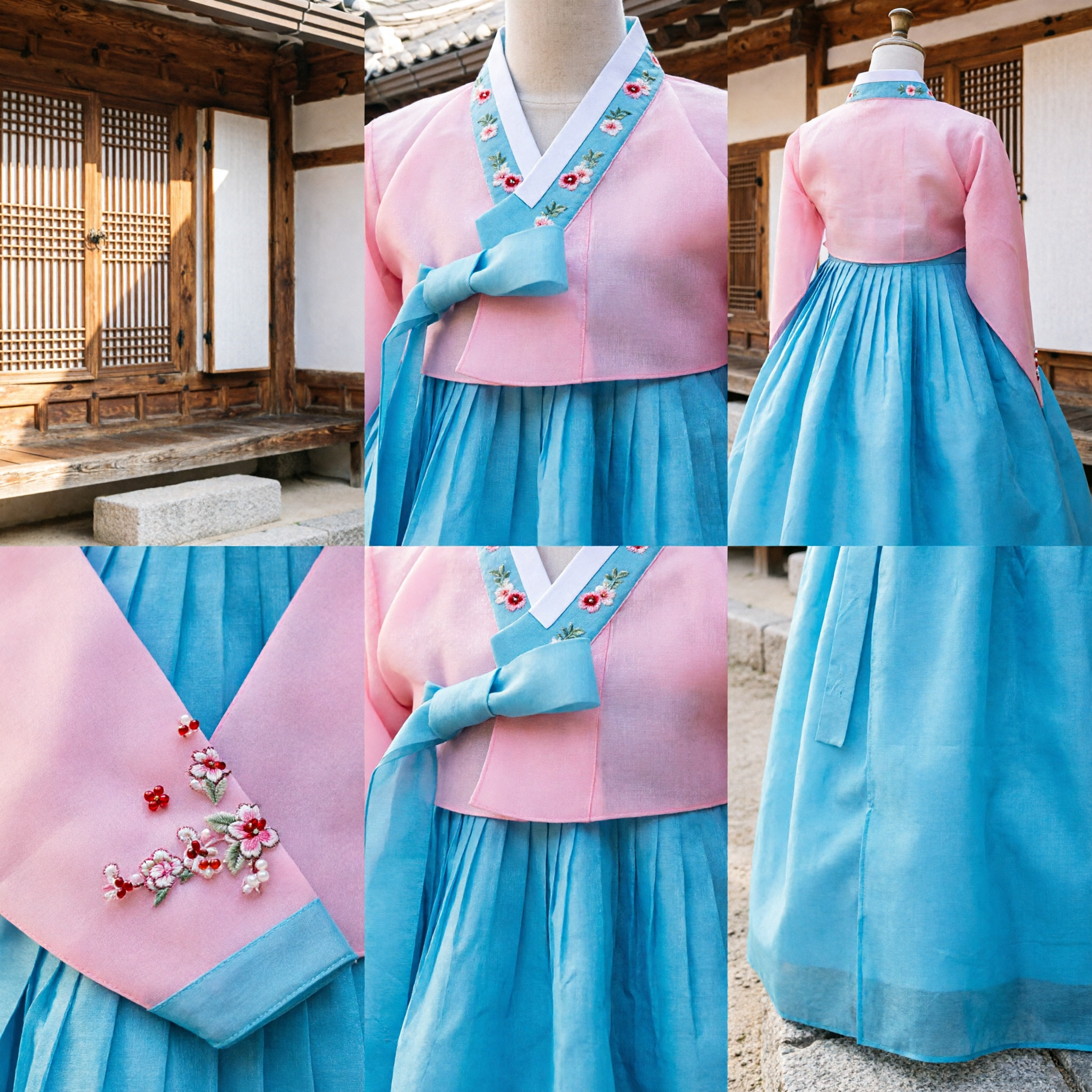 Elegant Pink and Blue Korean Hanbok Traditional Dress with Floral Embroidery for Girls Festival Party Costume