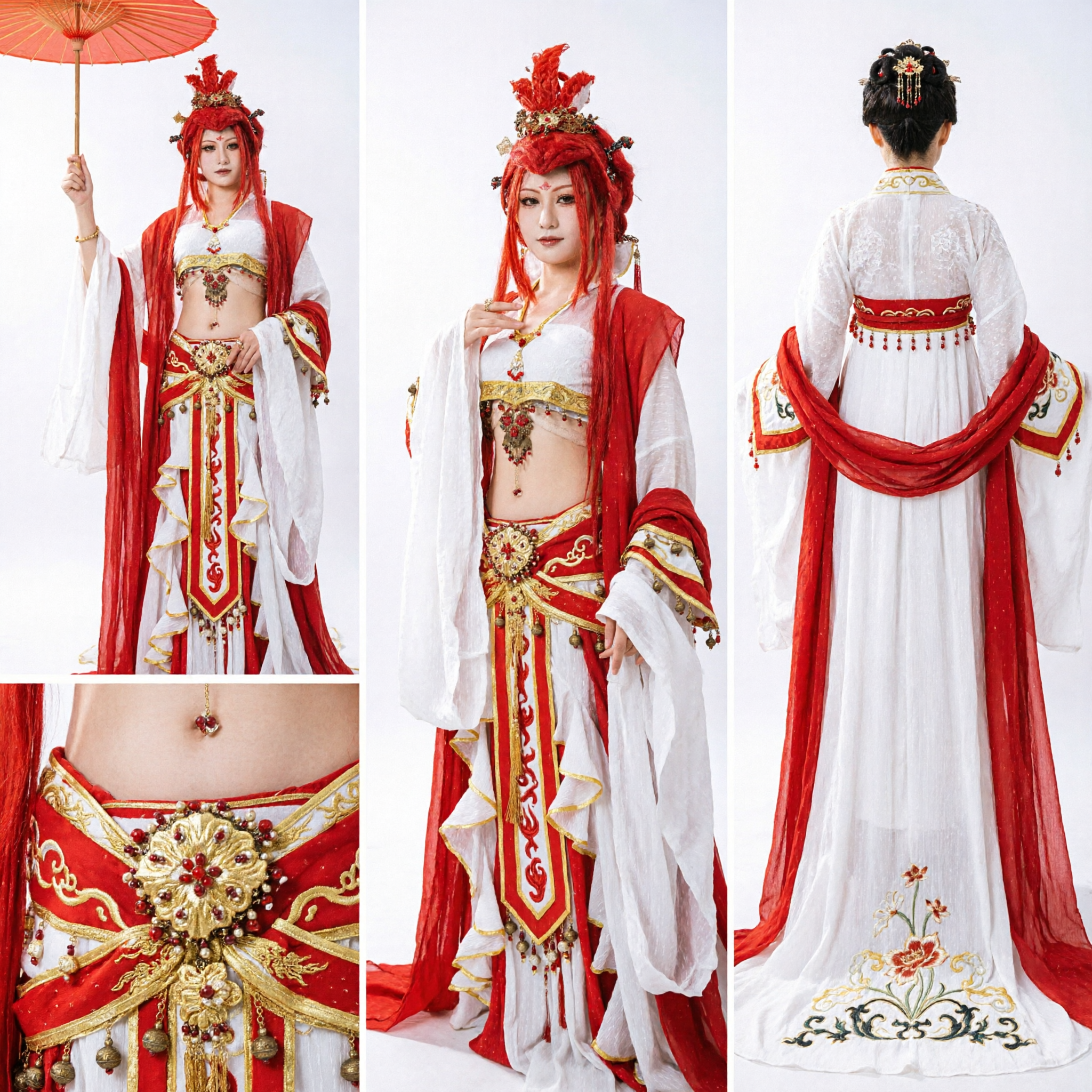 Ancient Chinese Red and White Hanfu Costume for Women Fairy Goddess Cosplay Dance Performance