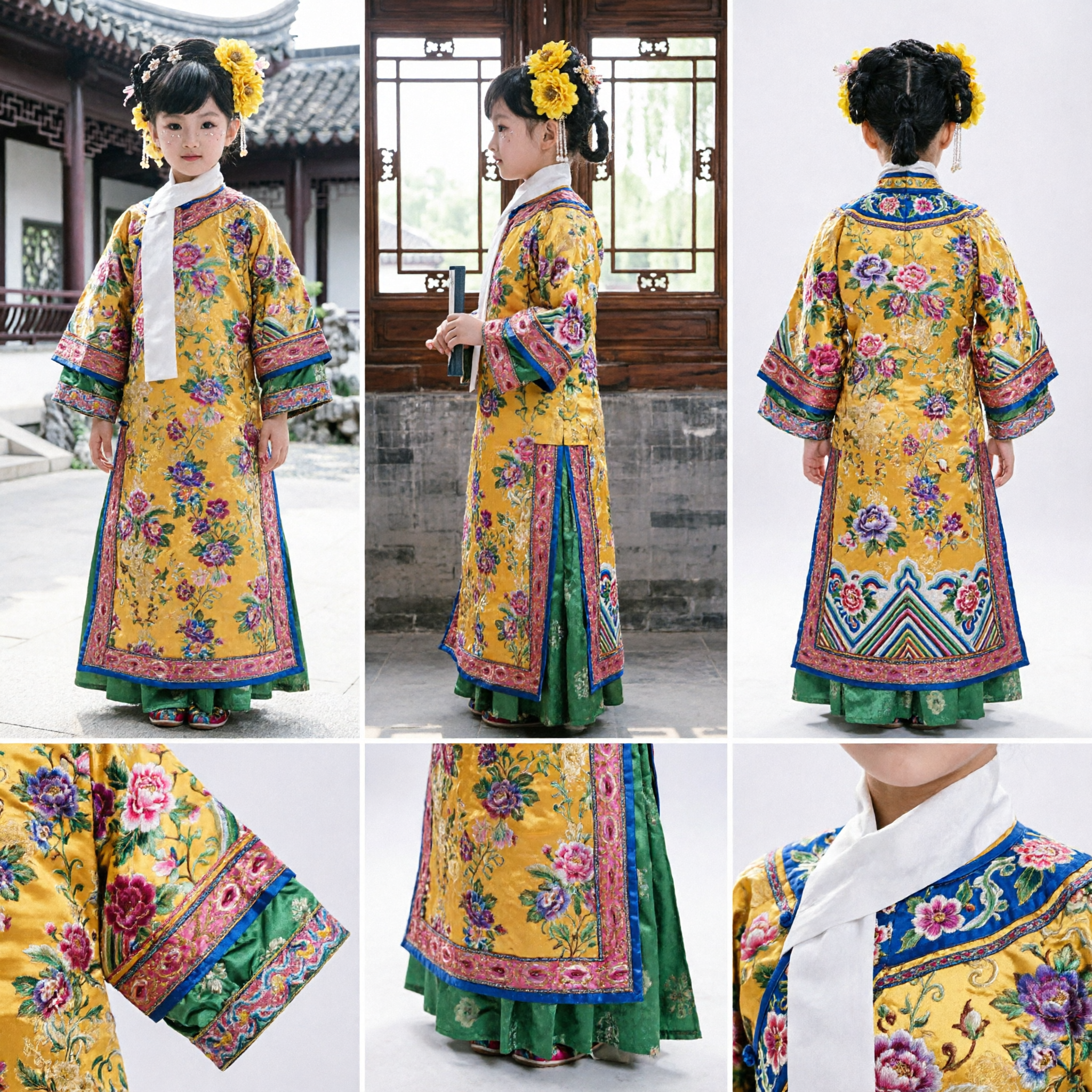 Traditional Chinese Qing Dynasty Yellow Floral Embroidery Princess Costume Dress for Kids Girls Performance