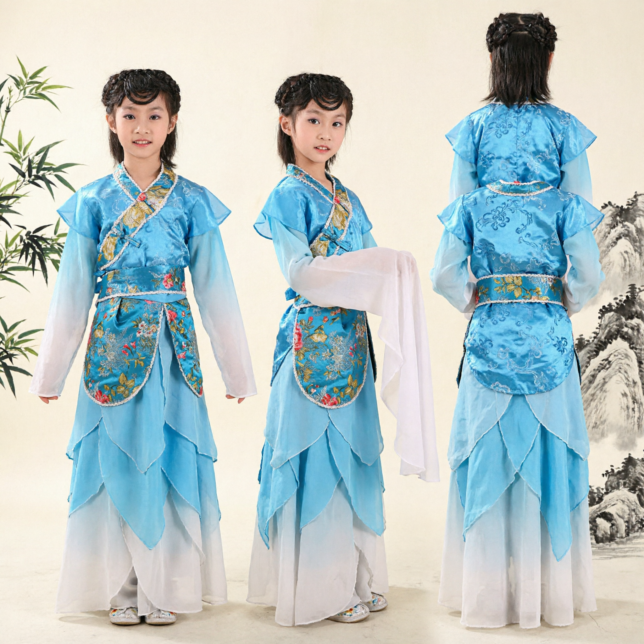 Kids Blue Chinese Opera Costume Traditional Water Sleeve Dress Girls Stage Performance Outfit
