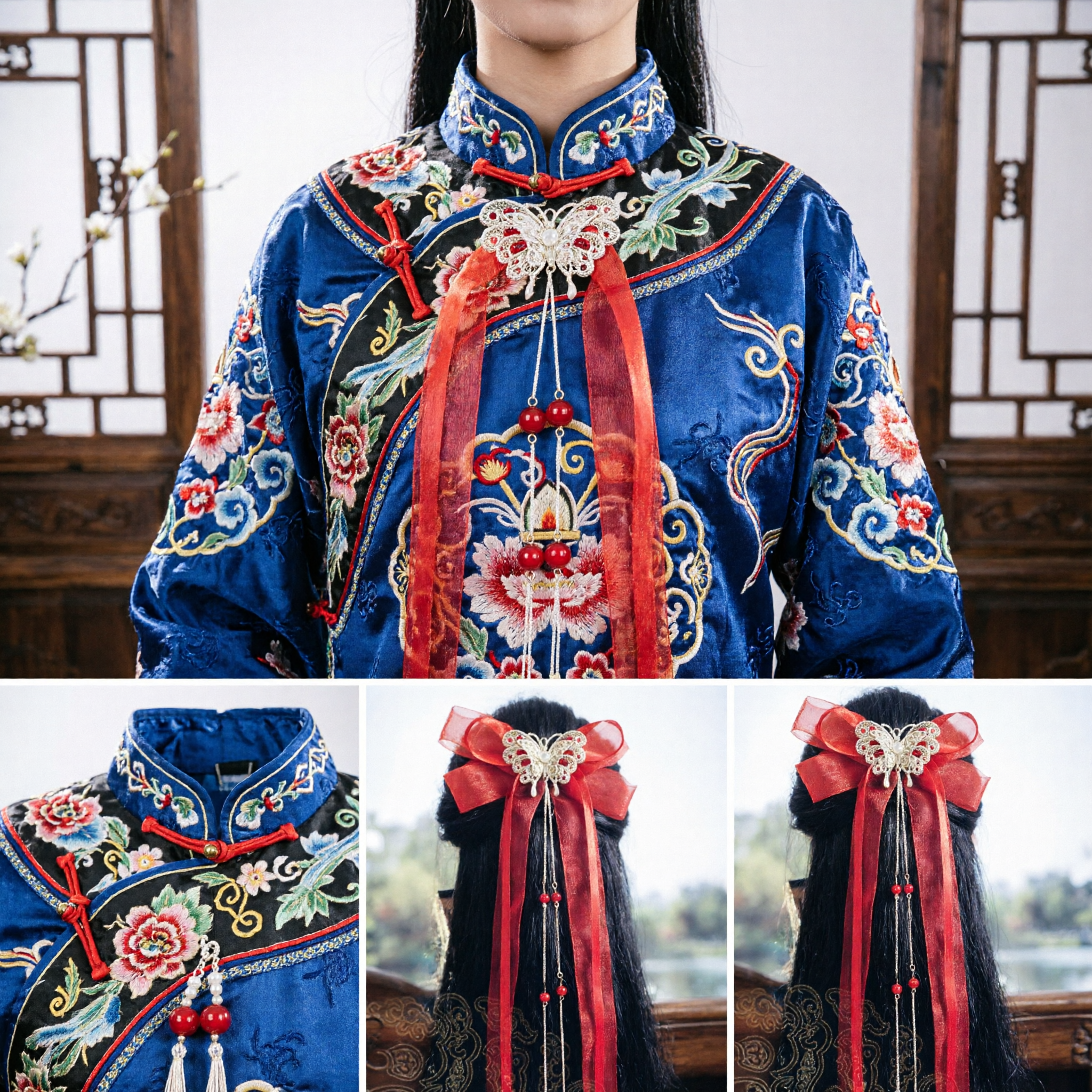 Traditional Chinese Hanfu Hair Accessory Red Bow Butterfly Ornament Ancient Style Headpiece for Women and Girls