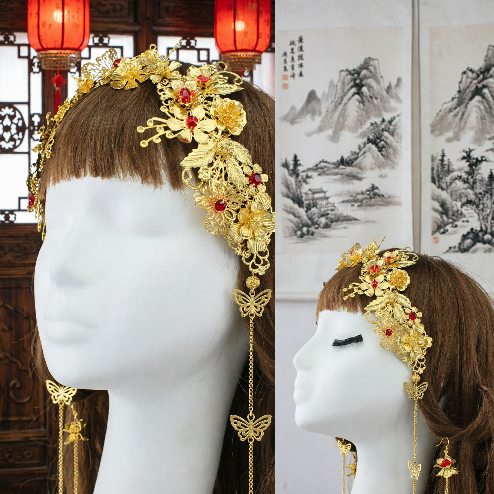 Exquisite Traditional Chinese Gold Hair Accessory Hanfu Headpiece with Floral Butterfly Design for Wedding