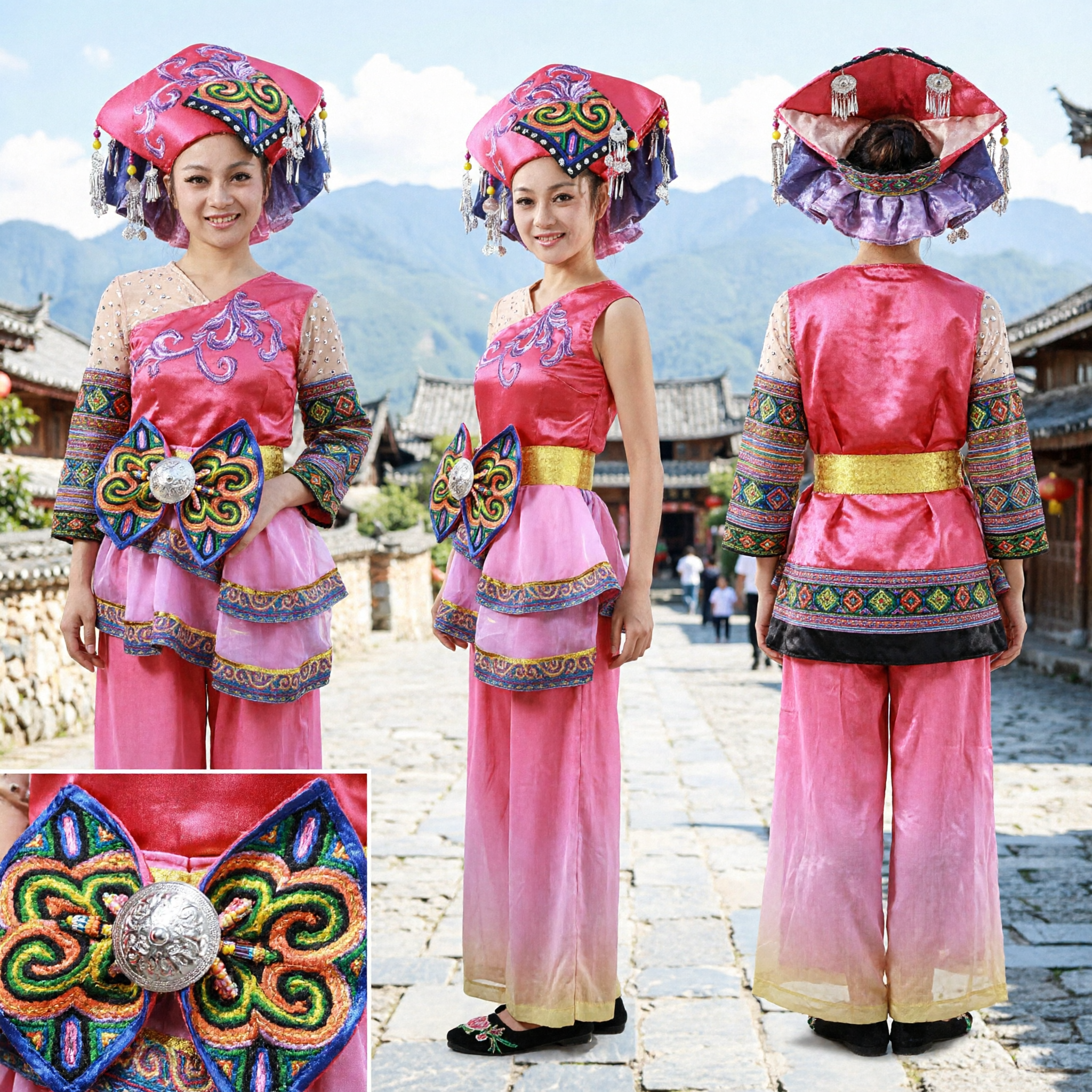 Traditional Chinese Zhuang Minority Costume Complete Set Pink Folk Dance Dress with Embroidered Hat for Women