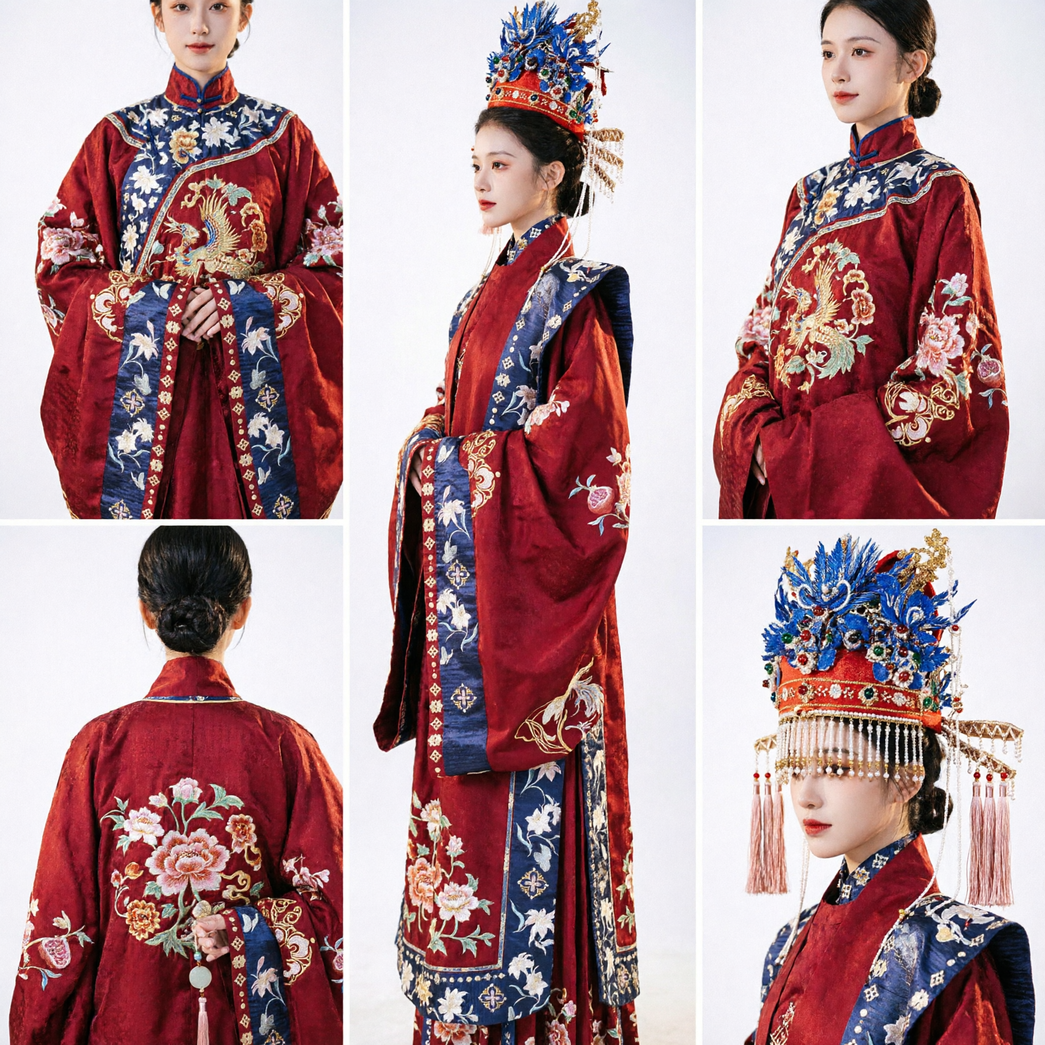 Traditional Chinese Hanfu Wedding Dress Ming Dynasty Embroidered Red and Blue Ancient Costume for Bride with Phoenix Crown