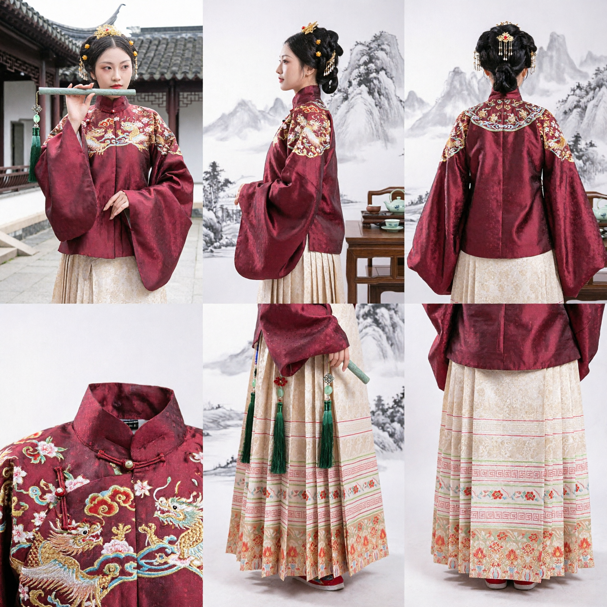 Traditional Chinese Hanfu Ming Dynasty Style Red Embroidered Jacket and Beige Pleated Skirt Set for Women Cultural Performance