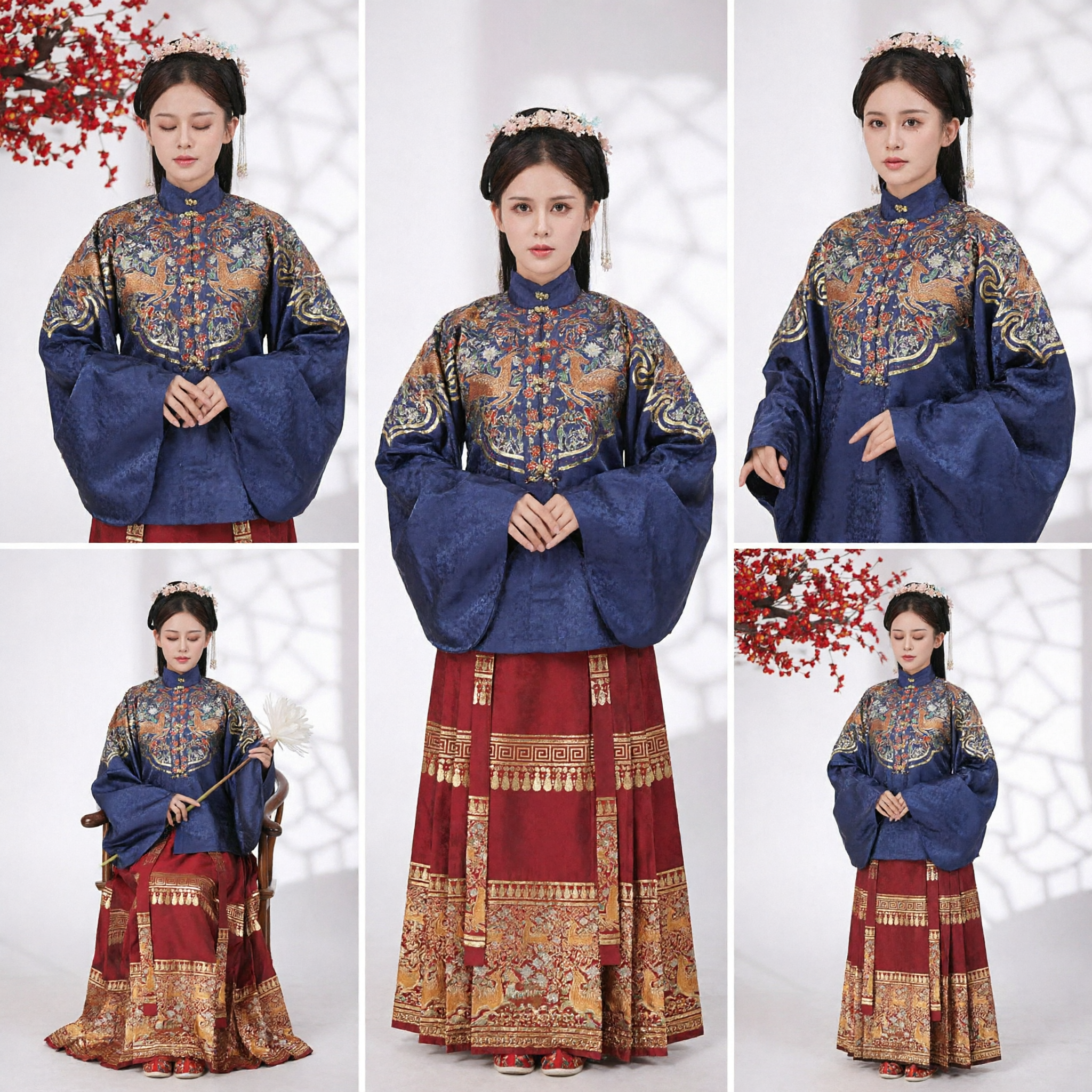 Traditional Chinese Hanfu Ming Dynasty Embroidered Blue Top and Red Skirt Ancient Princess Costume for Women