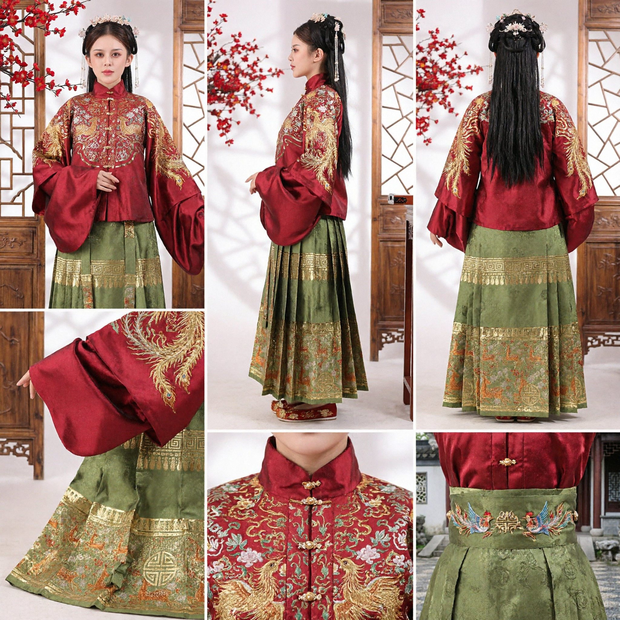 Traditional Chinese Ming Dynasty Hanfu Set Women Red Embroidered Jacket Green Pleated Skirt Ancient Wedding Costume