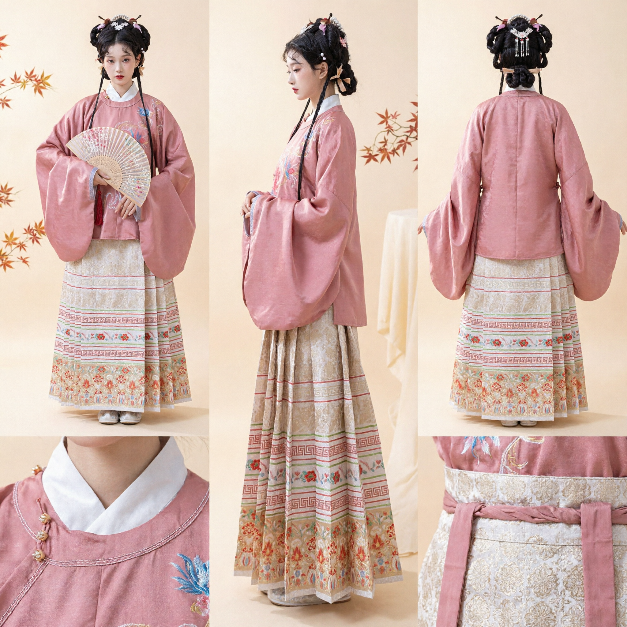 Elegant Pink Ming Dynasty Hanfu Set with Embroidered Top and Pleated Mamianqun Skirt for Women