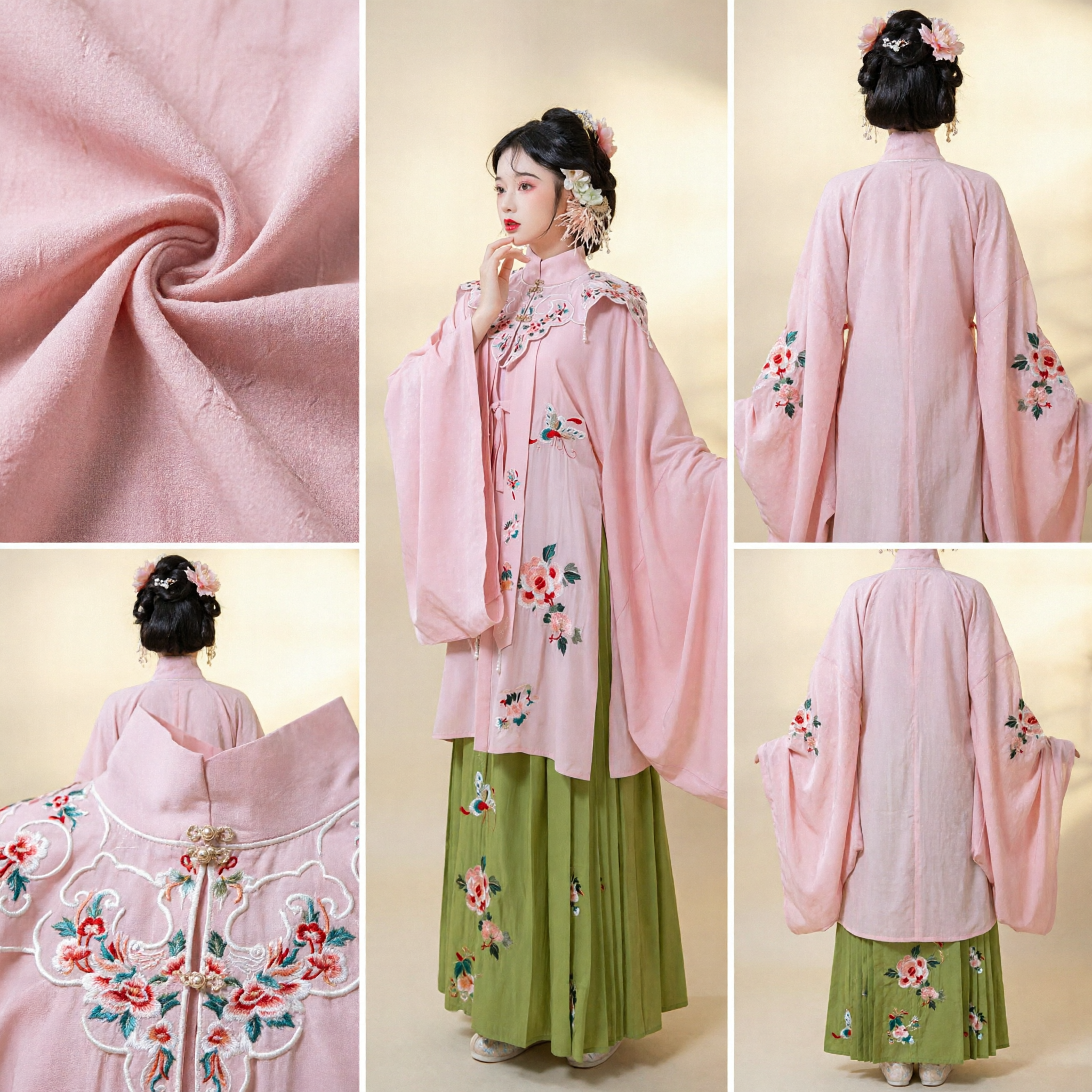 Traditional Chinese Hanfu Costume Pink Embroidered Top and Green Skirt Set for Women Ancient Cosplay