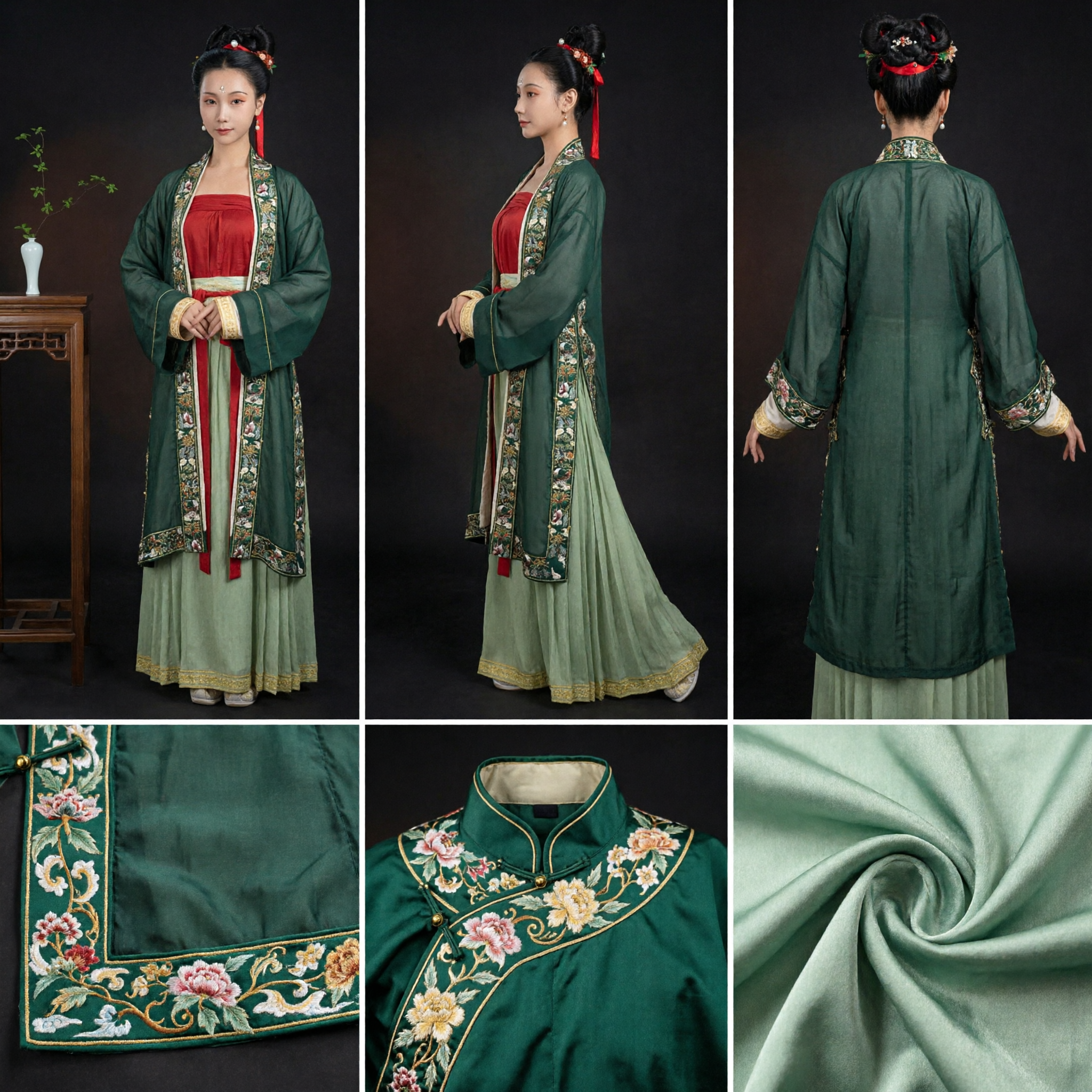 Traditional Chinese Hanfu Costume for Women Ancient Tang Dynasty Green Embroidered Robe and Pleated Skirt Set