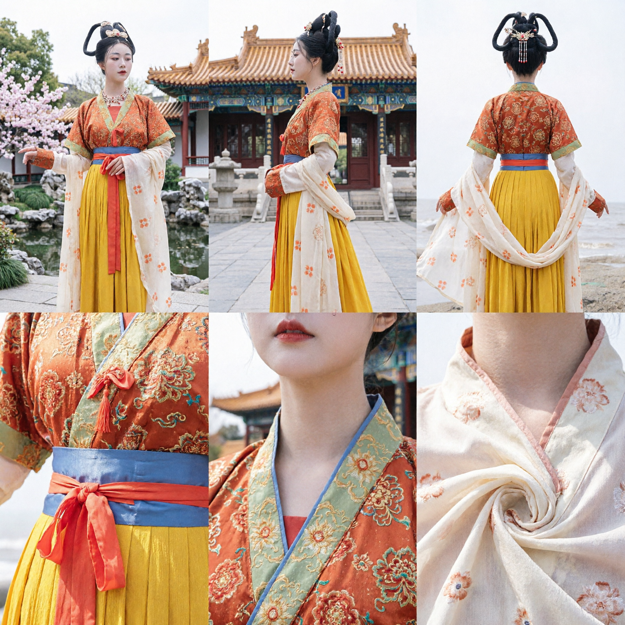 Women's Ancient Chinese Tang Dynasty Hanfu Costume Princess Dress Orange Top Yellow Skirt Traditional Performance Outfit