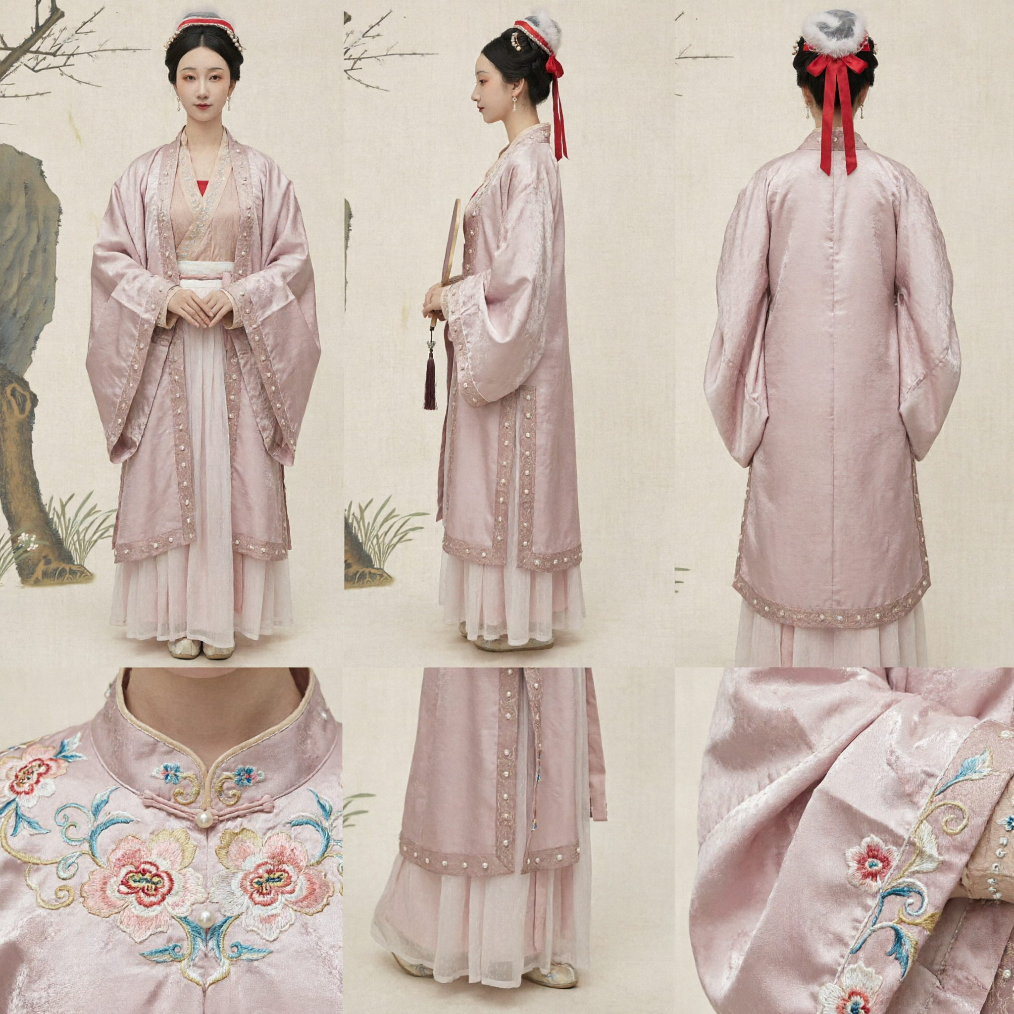Elegant Pink Traditional Chinese Hanfu Ancient Costume Song Dynasty Style Beaded Robe for Women