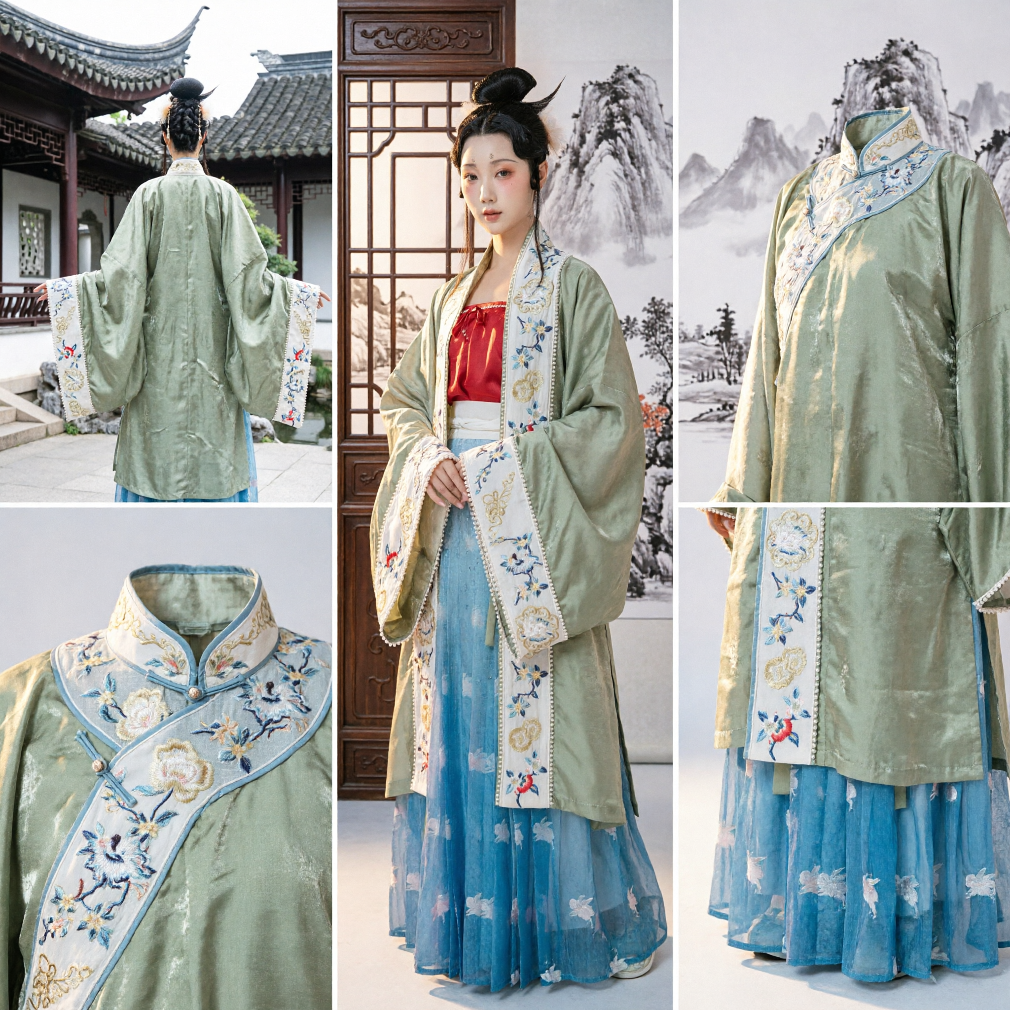 Traditional Chinese Hanfu Song Dynasty Style Green Embroidered Beizi Robe and Blue Skirt Set for Women