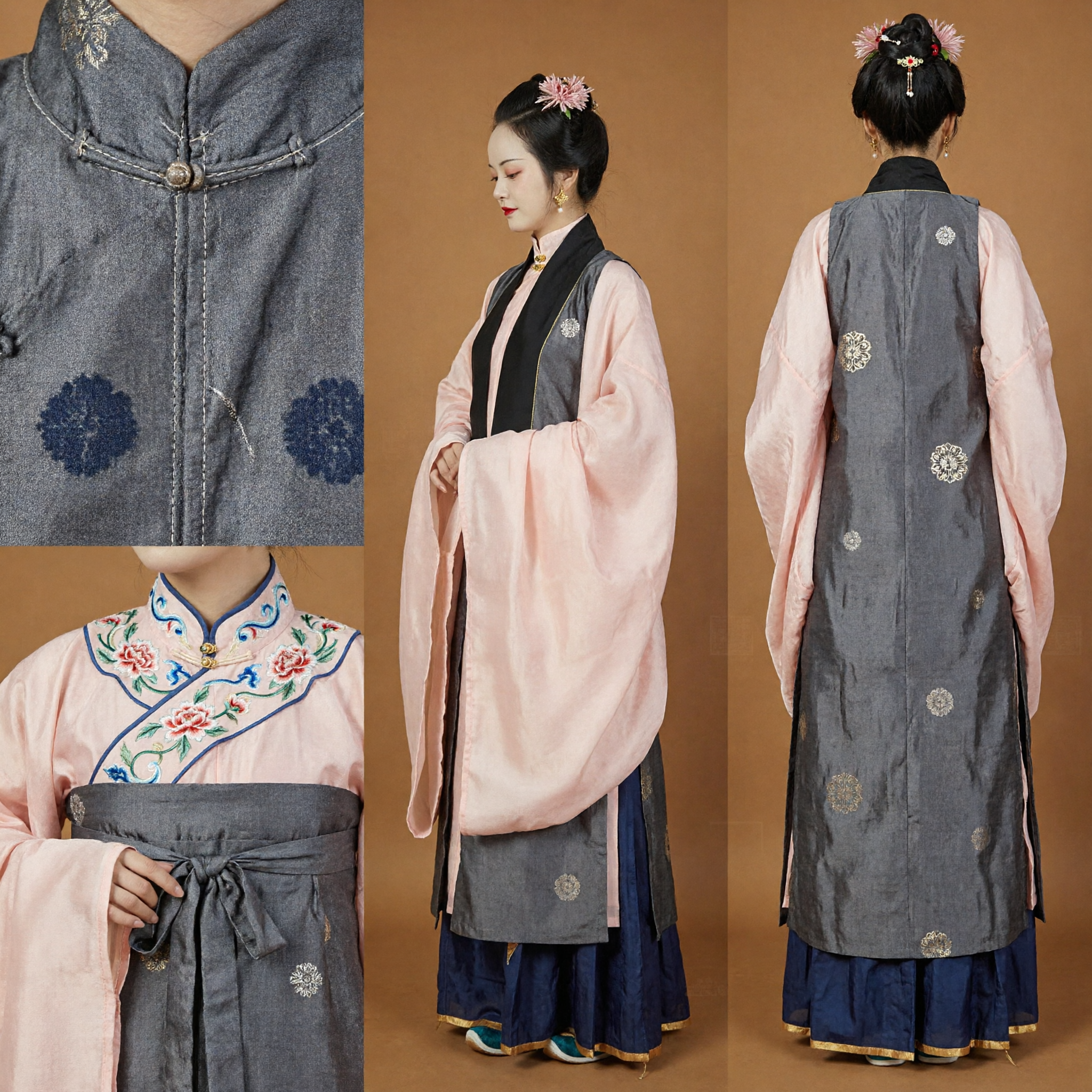 Ancient Chinese Ming Dynasty Hanfu Traditional Costume Pink Wide-Sleeve Robe with Grey Embroidered Vest for Women
