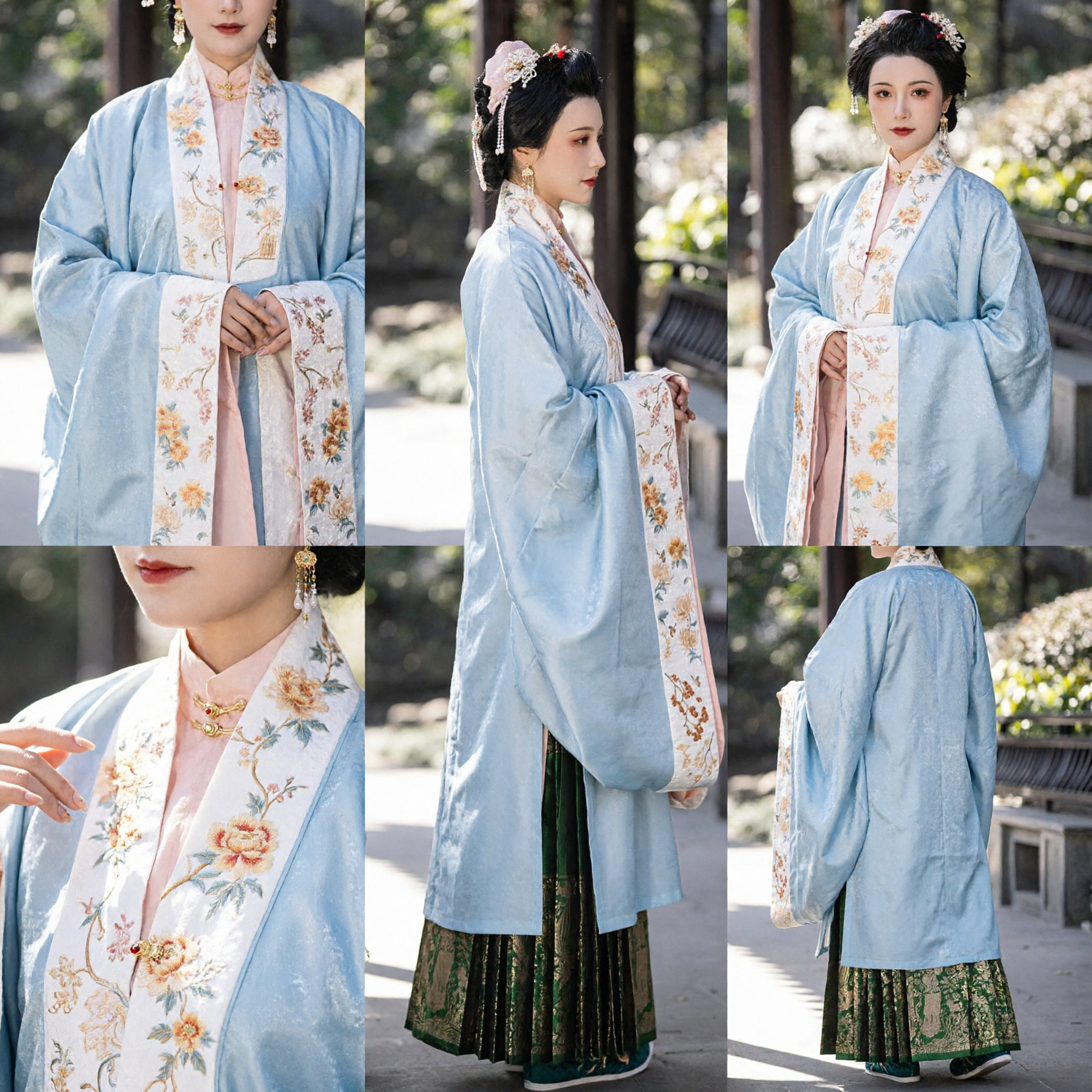 Women's Ming Dynasty Hanfu Traditional Chinese Clothing Blue Embroidered Coat and Green Brocade Skirt Set for Festivals