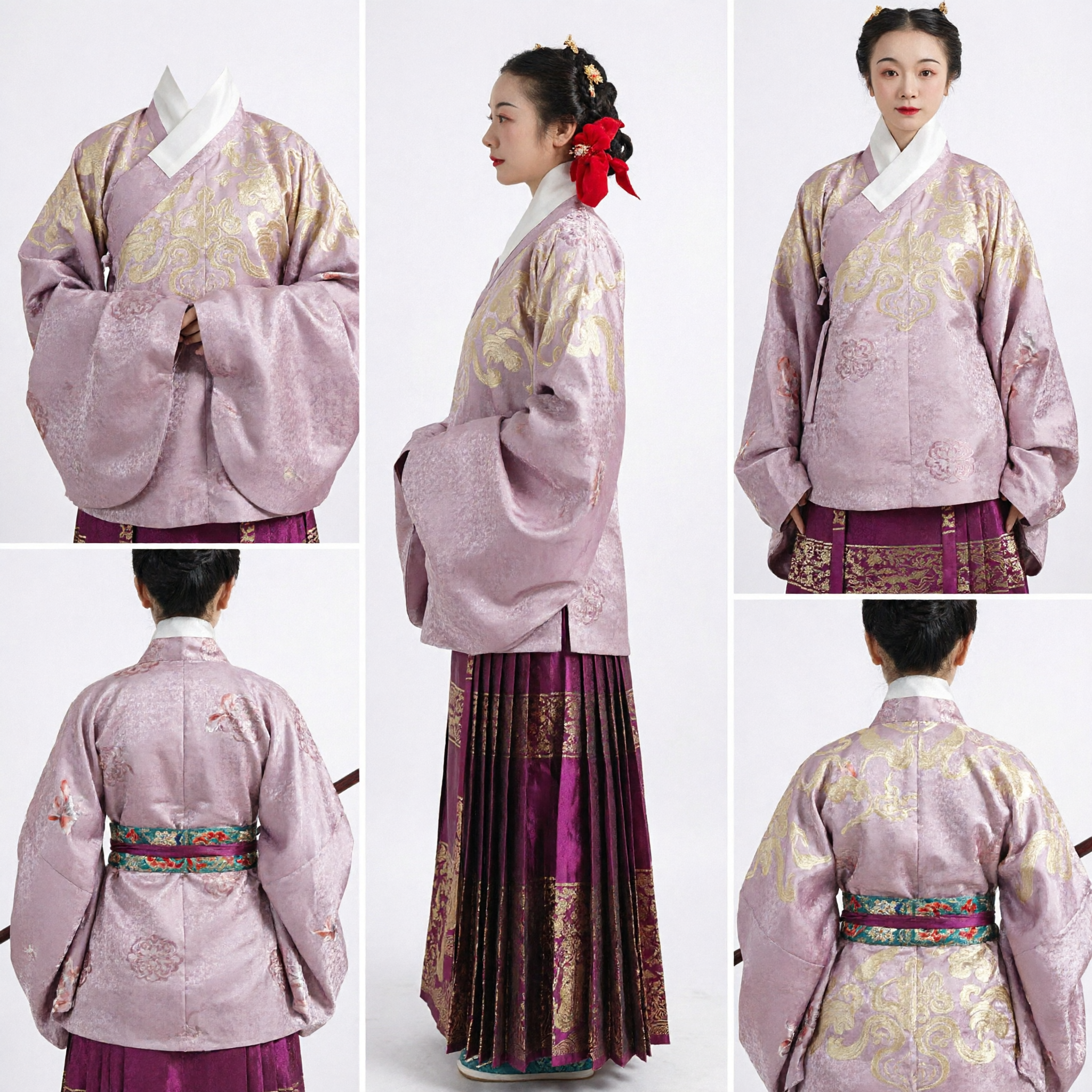 Traditional Chinese Hanfu Ming Dynasty Style Purple Gold Brocade Top and Pleated Skirt Set for Women
