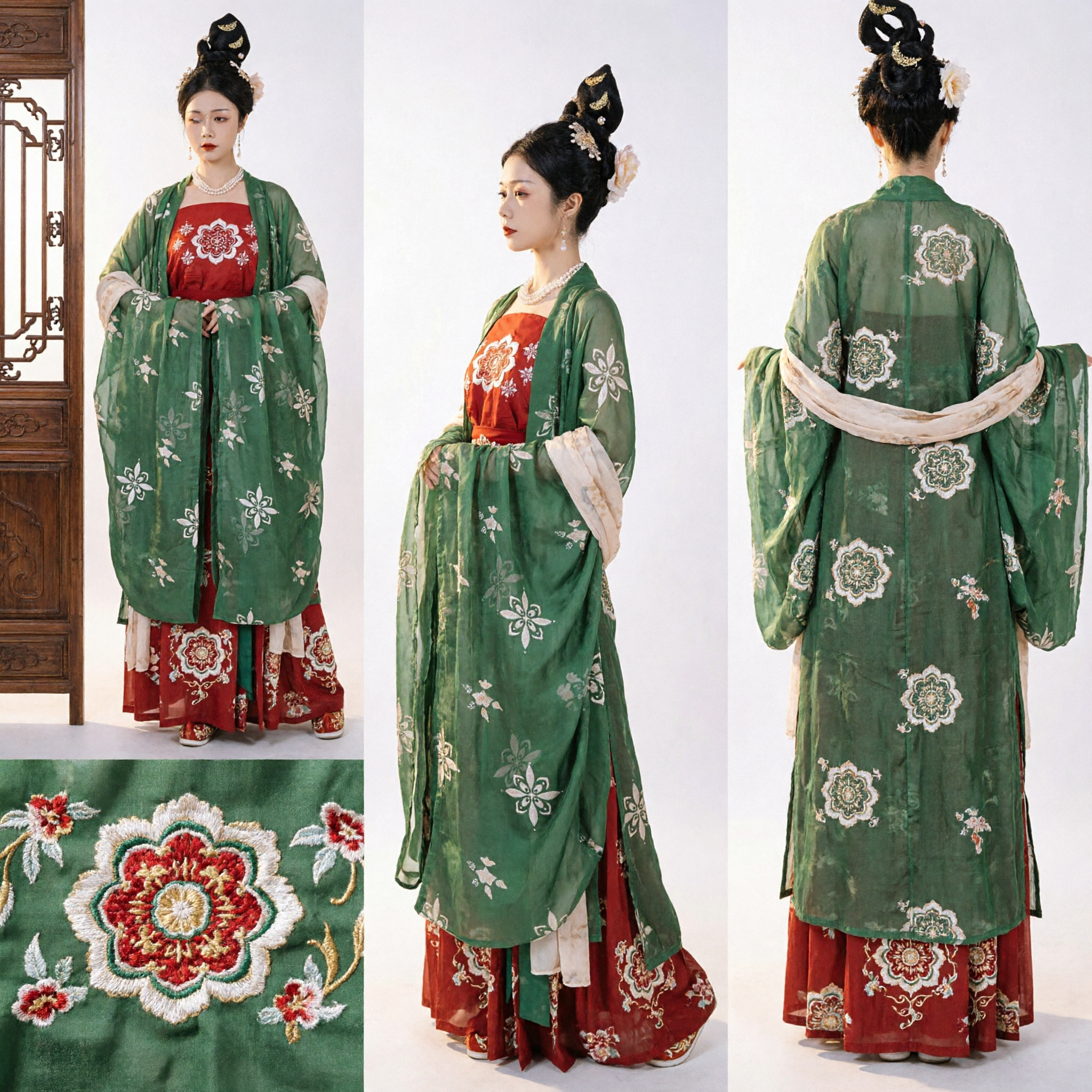 Traditional Chinese Tang Dynasty Hanfu Green Sheer Robe Red Embroidered Dress Ancient Costume for Women Performance