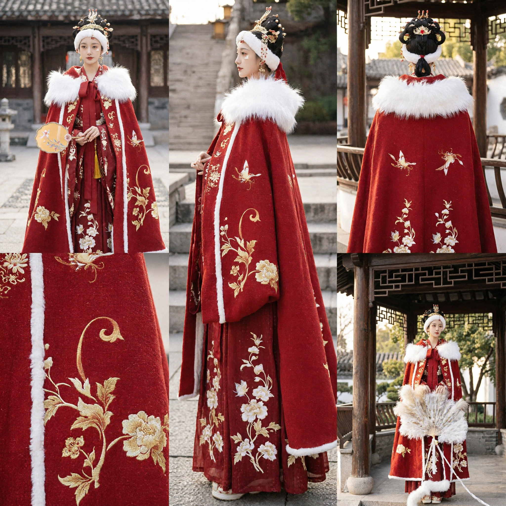 Women's Traditional Chinese Hanfu Winter Cloak Red Fur Trim Gold Embroidery Ancient Costume for Spring Festival