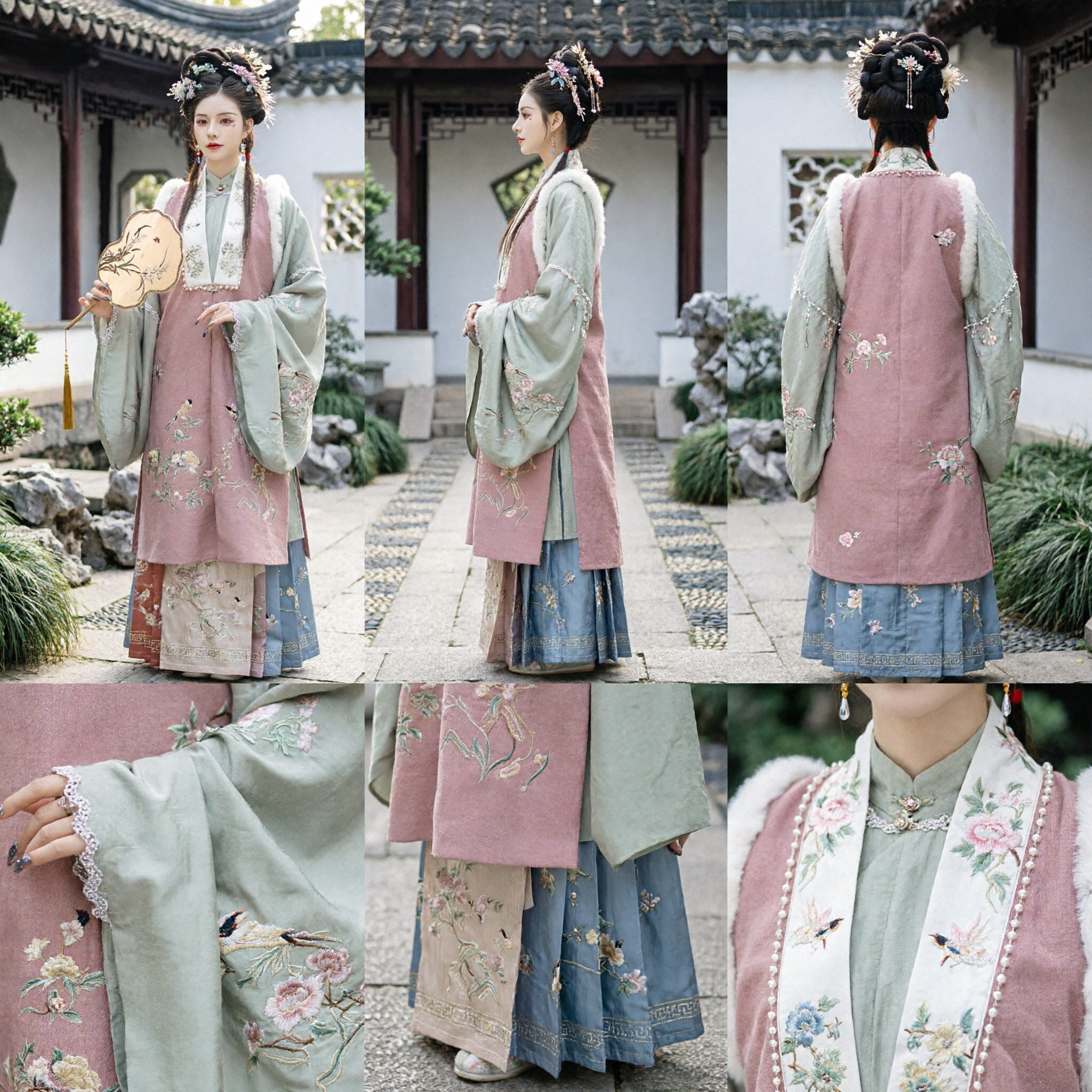 Traditional Chinese Hanfu Ming Dynasty Winter Embroidered Fur Trim Vest and Skirt Set Ancient Princess Costume for Women